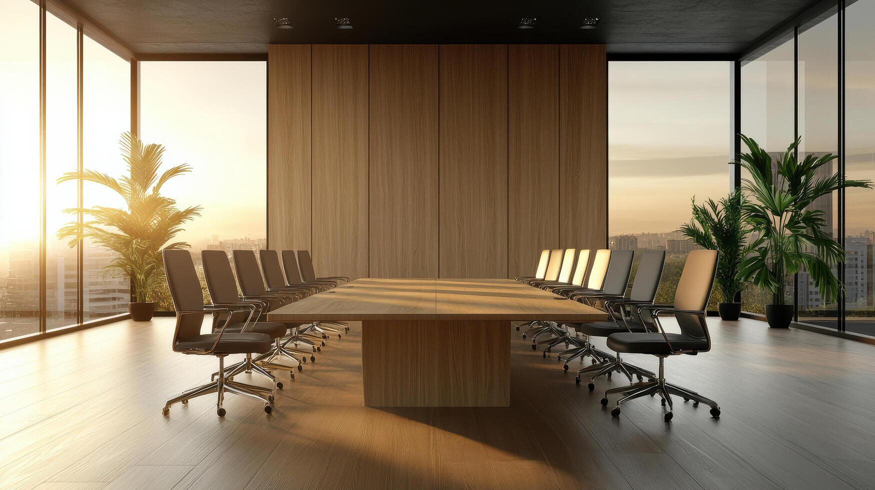 modern boardroom with large table and sunset view, featuring plants photo
