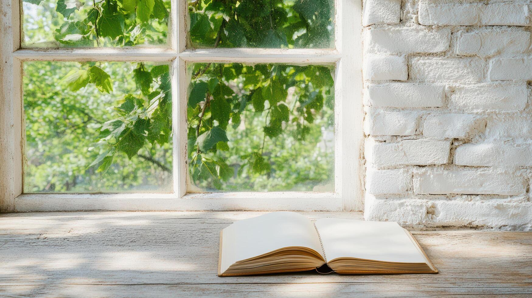 open journal rests on wooden windowsill, surrounded by greenery photo