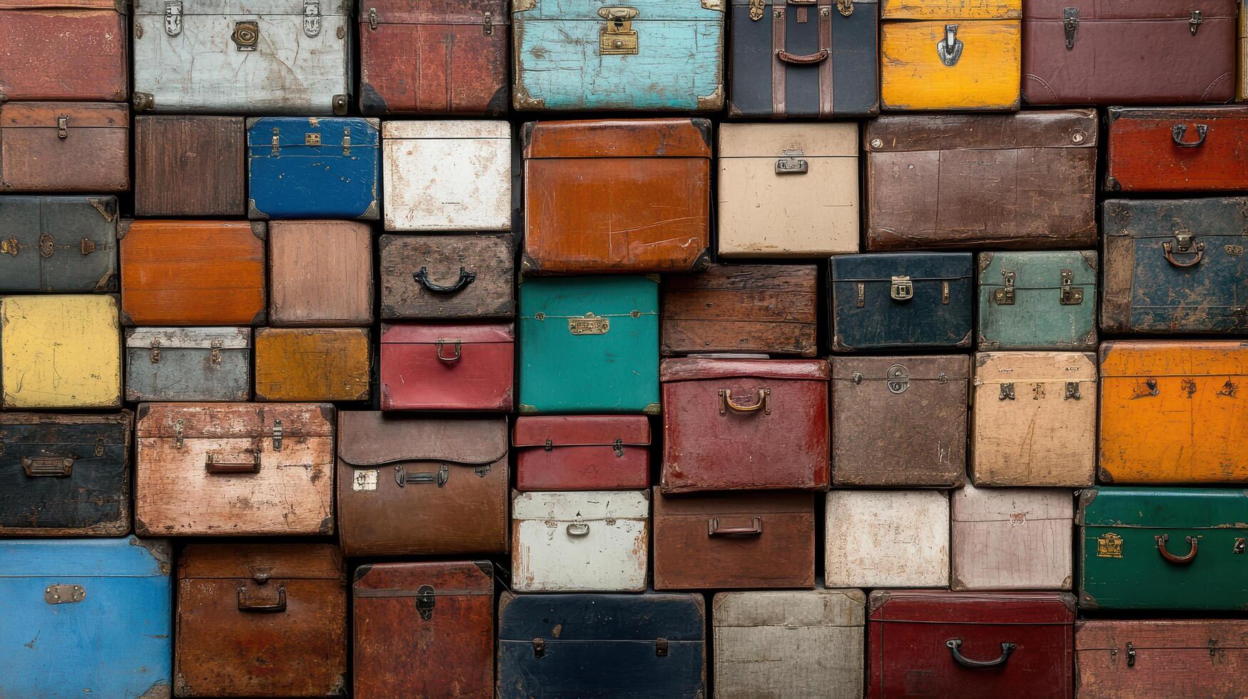 colorful collection of vintage suitcases stacked together, evoking nostalgia photo