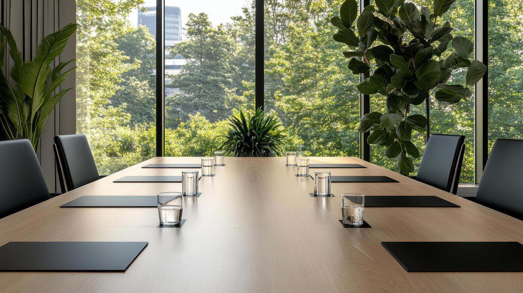modern boardroom bathed in soft morning light, featuring long table and greenery photo