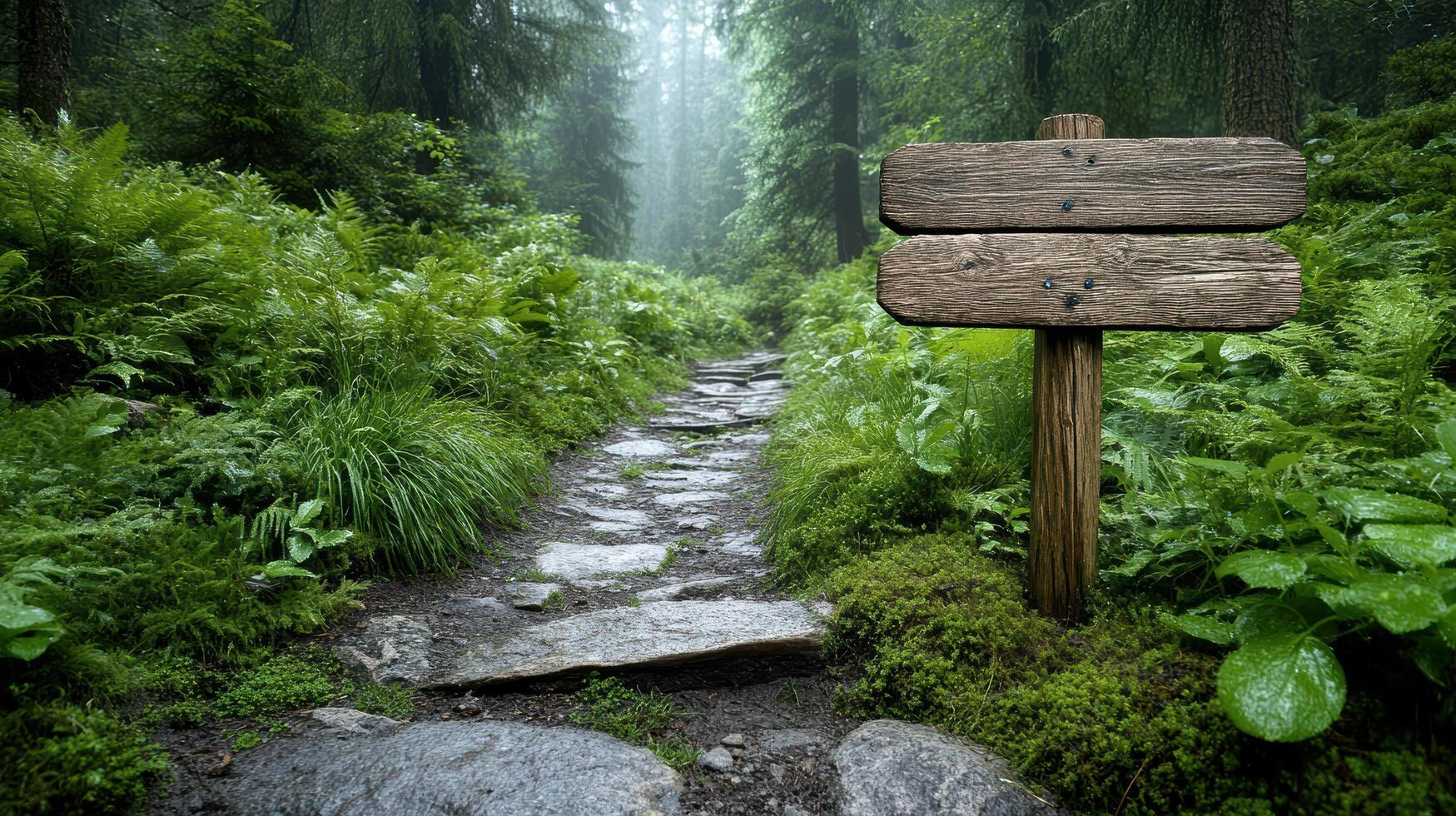 misty forest path with wooden signpost guiding way photo