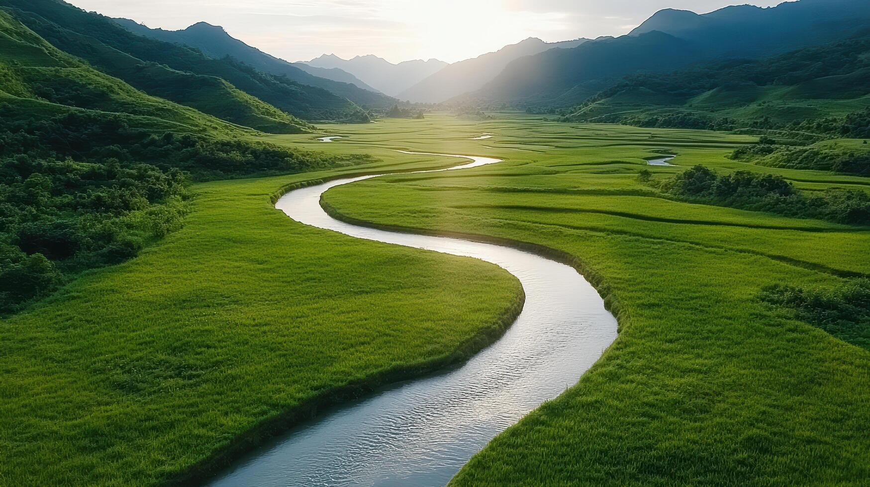 serene drone view of winding river through lush green fields and mountains photo