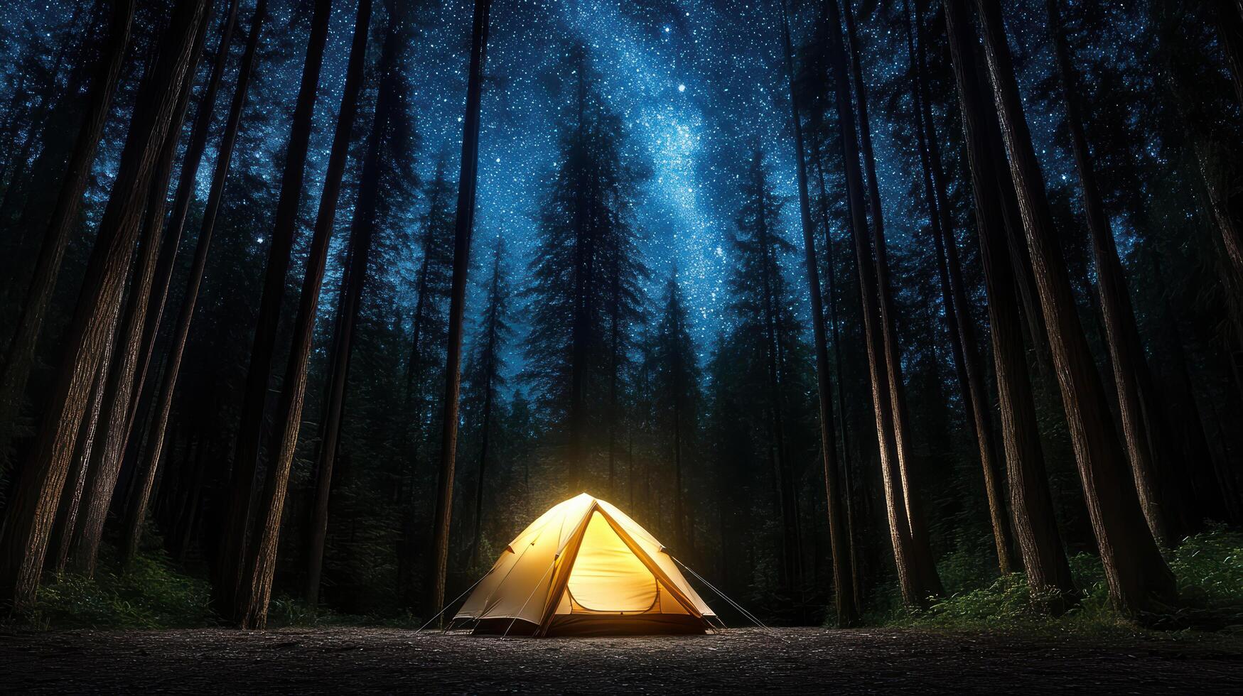 serene campsite under starry sky, illuminated tent among tall trees photo