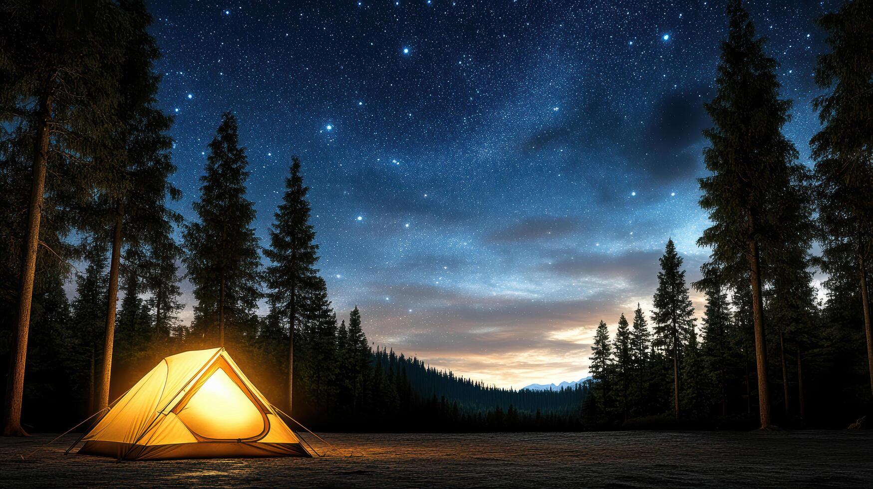 serene campsite under starry sky, featuring glowing tent and tall trees photo