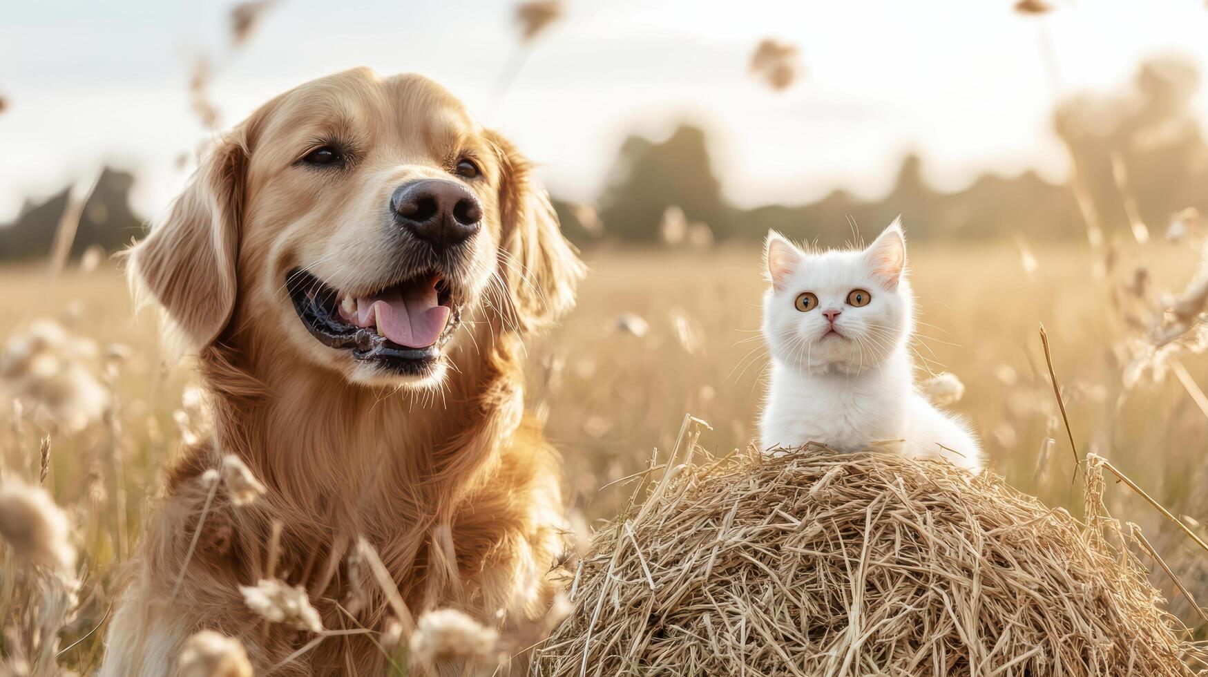 dog and cat enjoying sunny moment in meadow filled with flowers photo