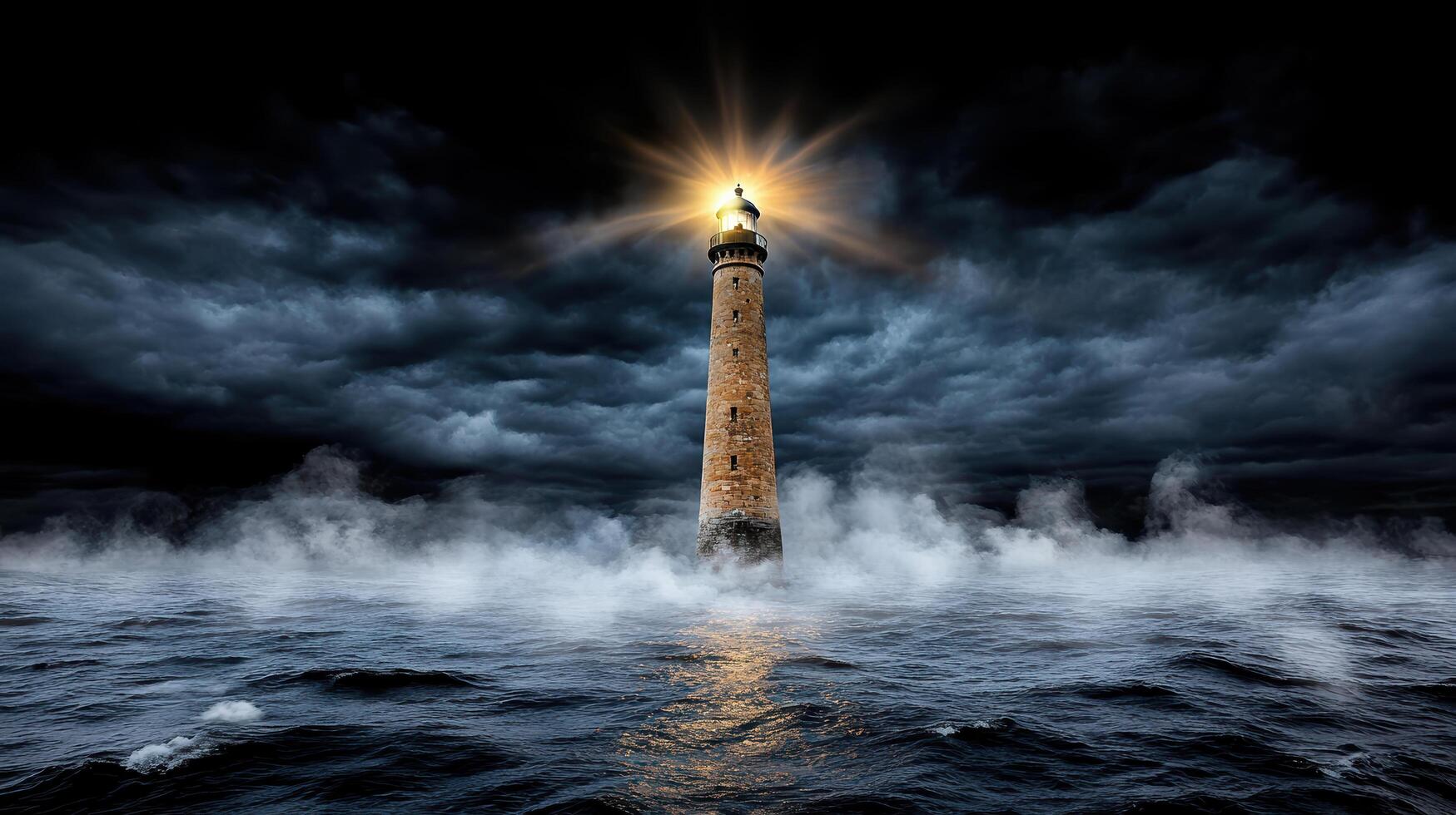 dramatic nighttime scene of ancient lighthouse shining brightly amidst stormy skies photo