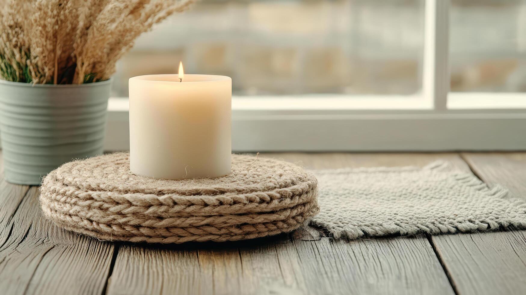 calming candle on woven mat, surrounded by soft textures and natural elements photo