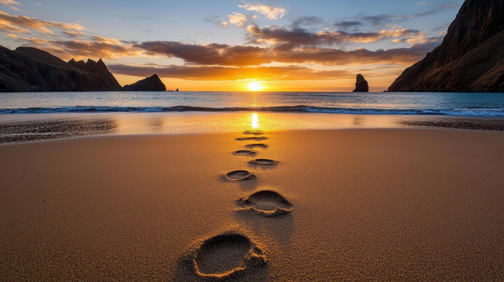 solitary walk on beach at dawn, with footprints in sand photo