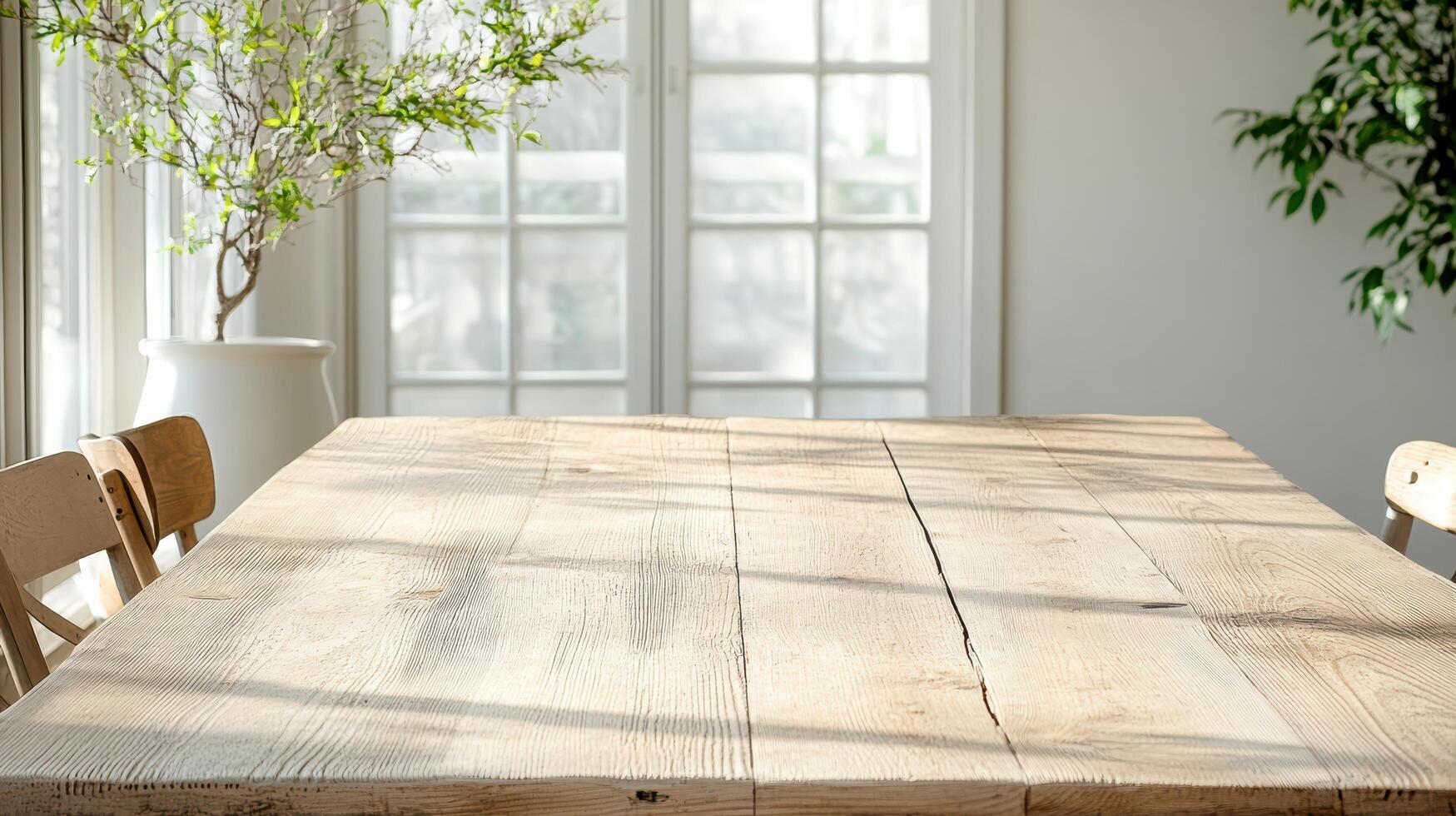 weathered farmhouse dining table with scratches and worn texture photo