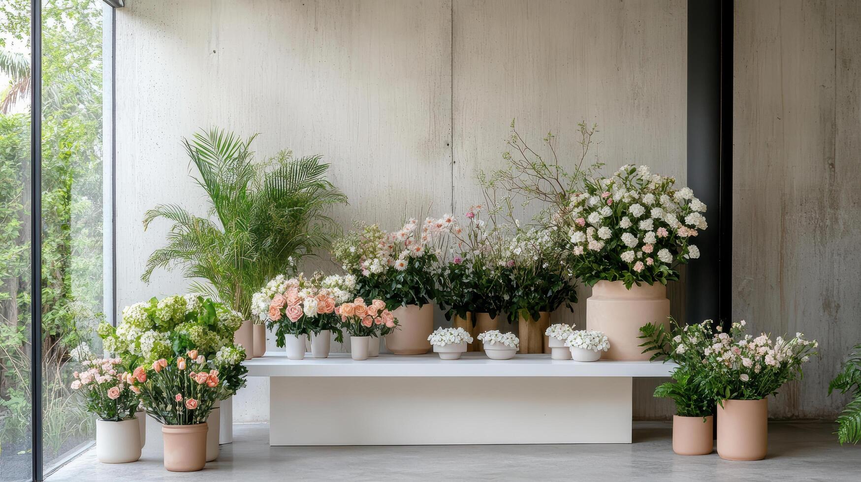 vibrant display of flowers and plants in modern florist studio photo