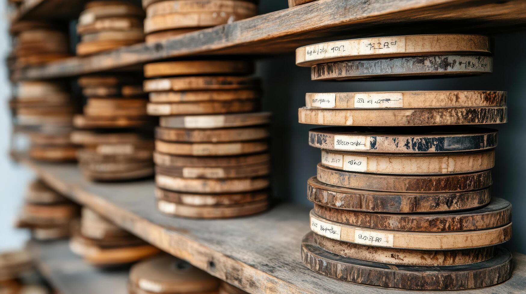 Old wooden spools stacked on shelves in rustic workshop, showcasing craftsmanship photo