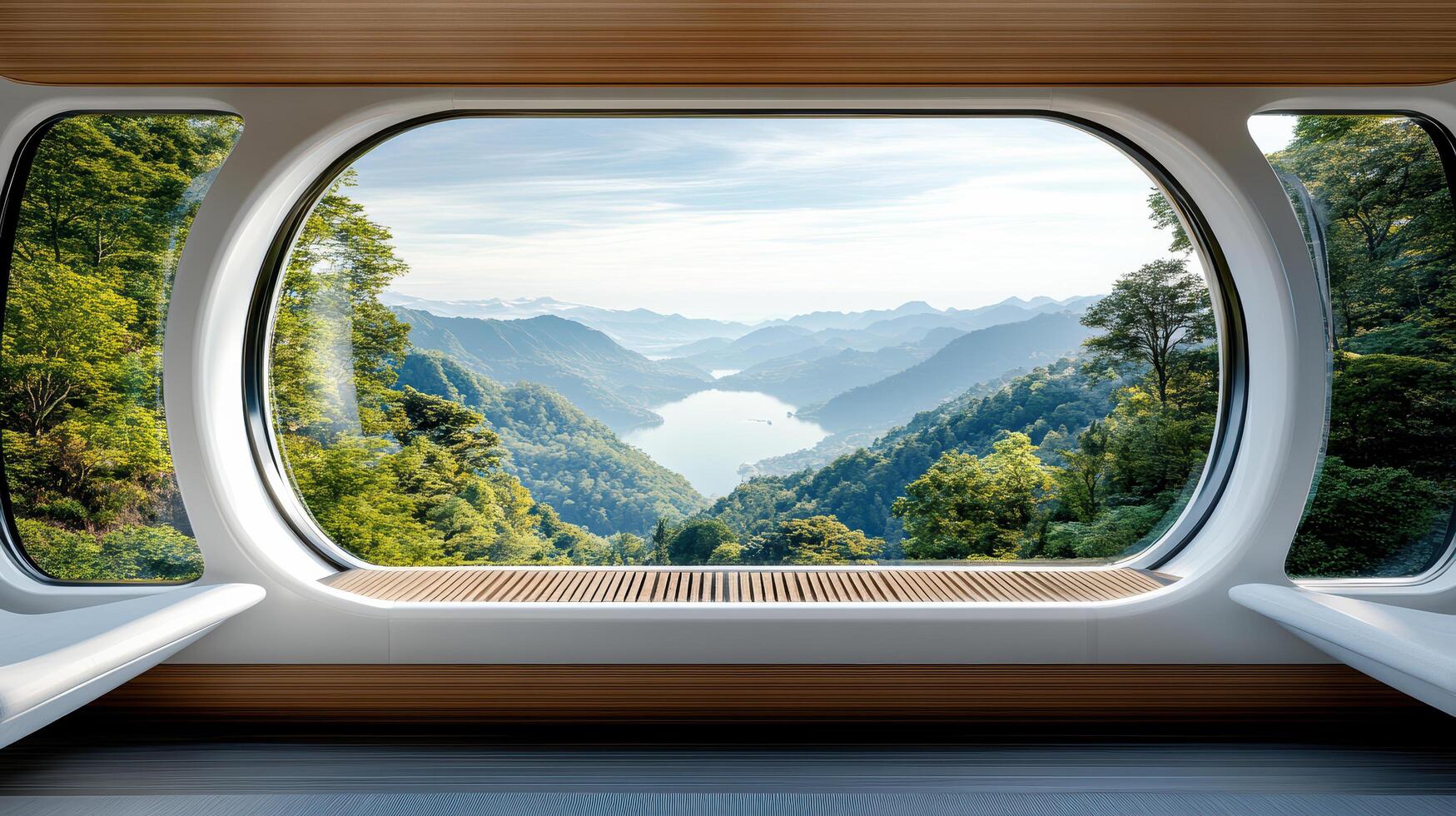 scenic view of mountains and lake from train window, showcasing nature beauty photo