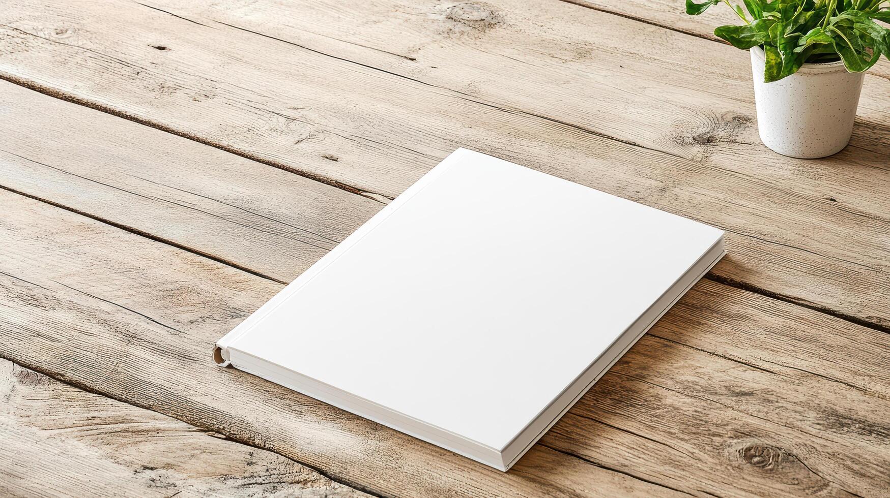 minimalist workstation featuring blank sketchpad on wooden table photo