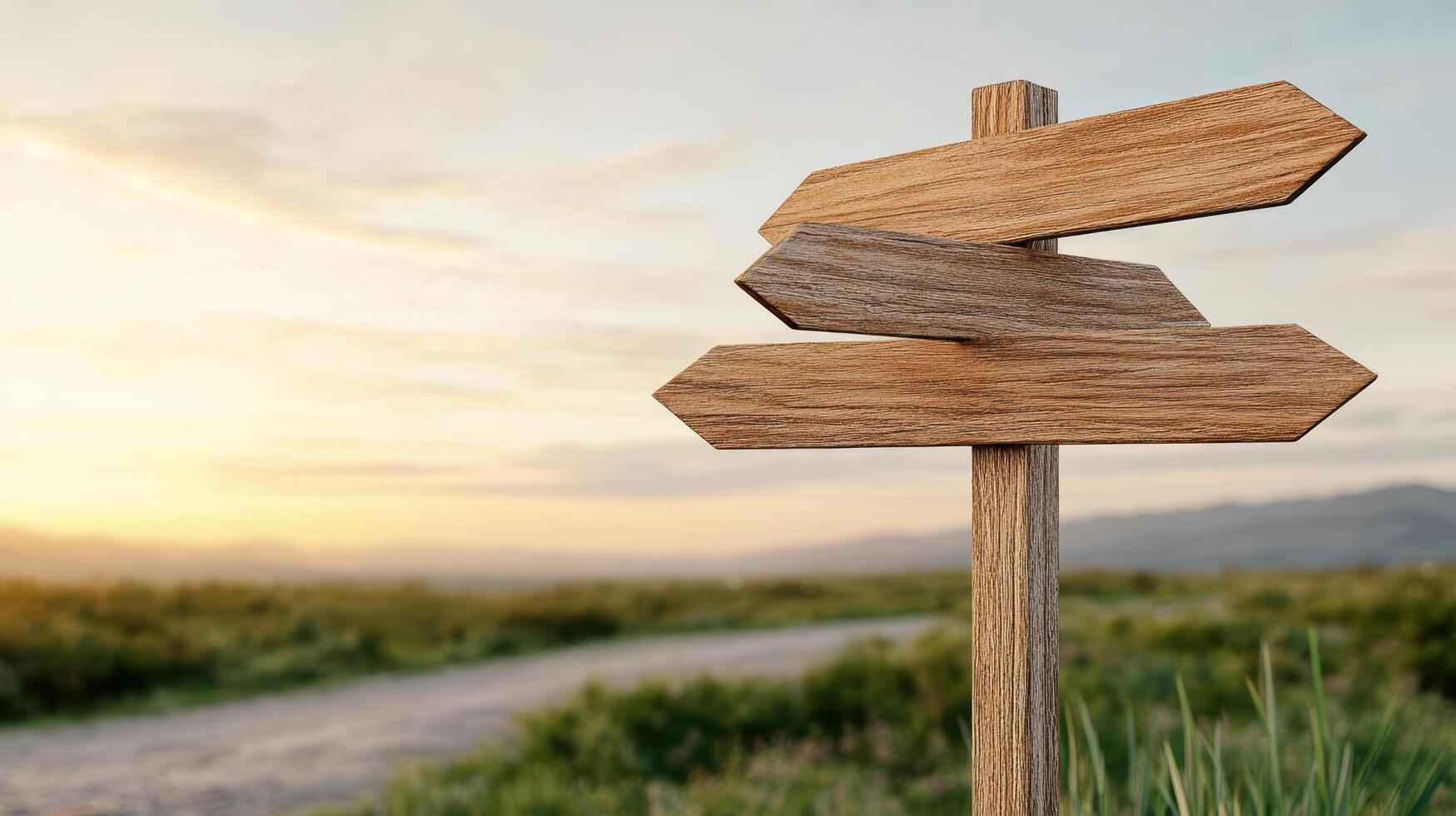 Rustic wooden road sign at crossroads in scenic landscape photo