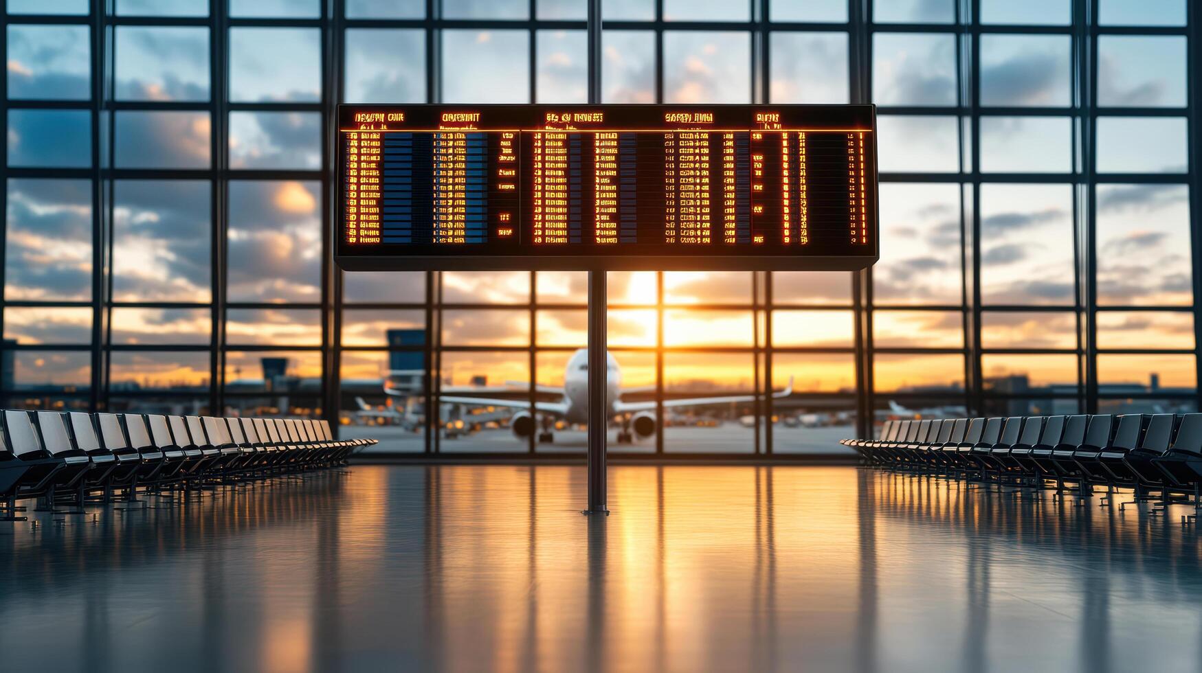 serene airport terminal with sunset view and flight information display photo