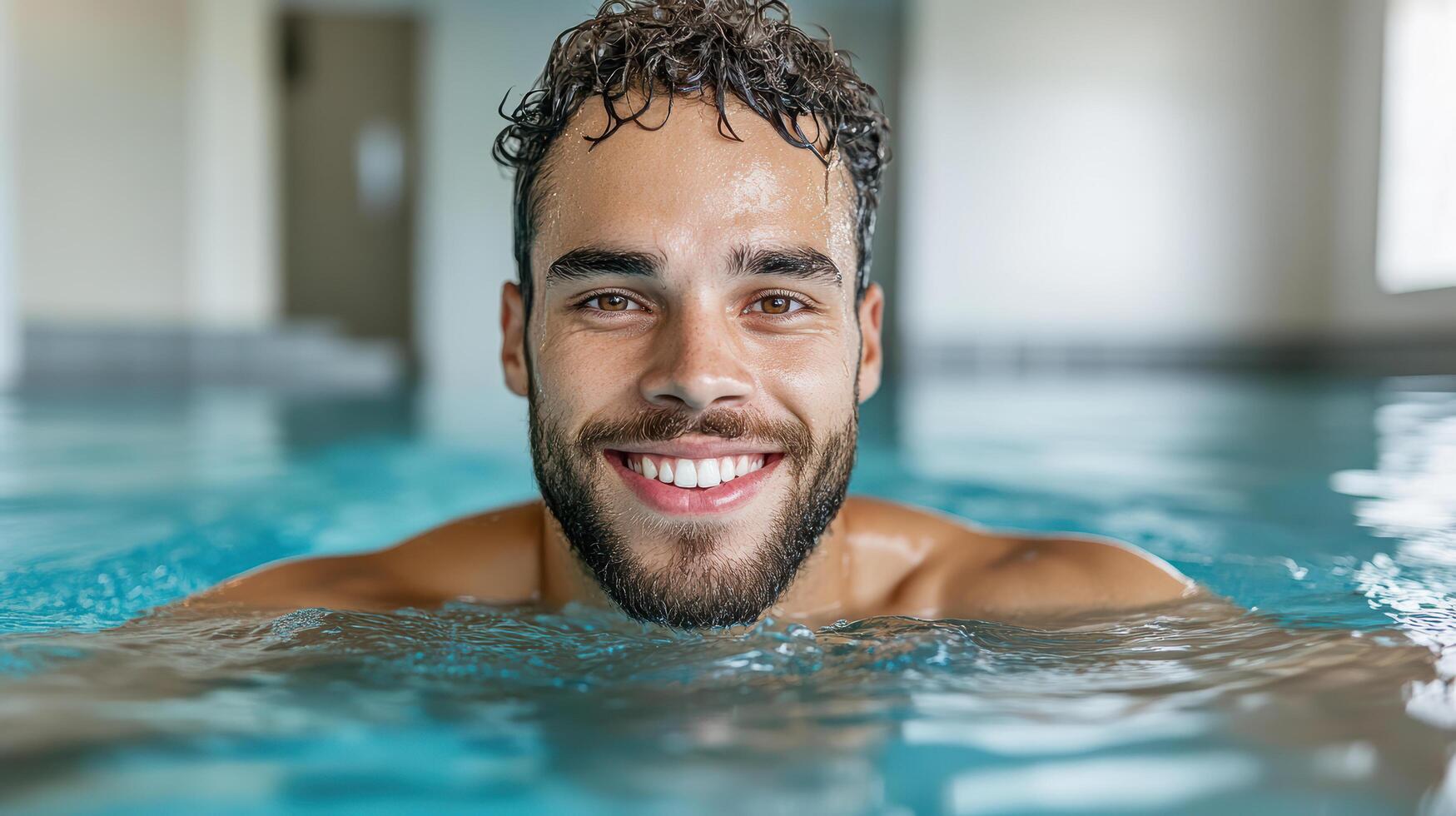 man smiling in lap pool, enjoying refreshing swim and focused on fitness photo