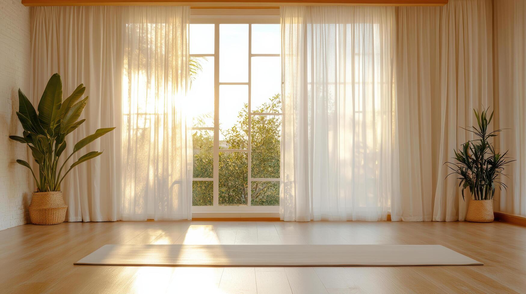 serene minimalist apartment with sheer curtains and plants photo