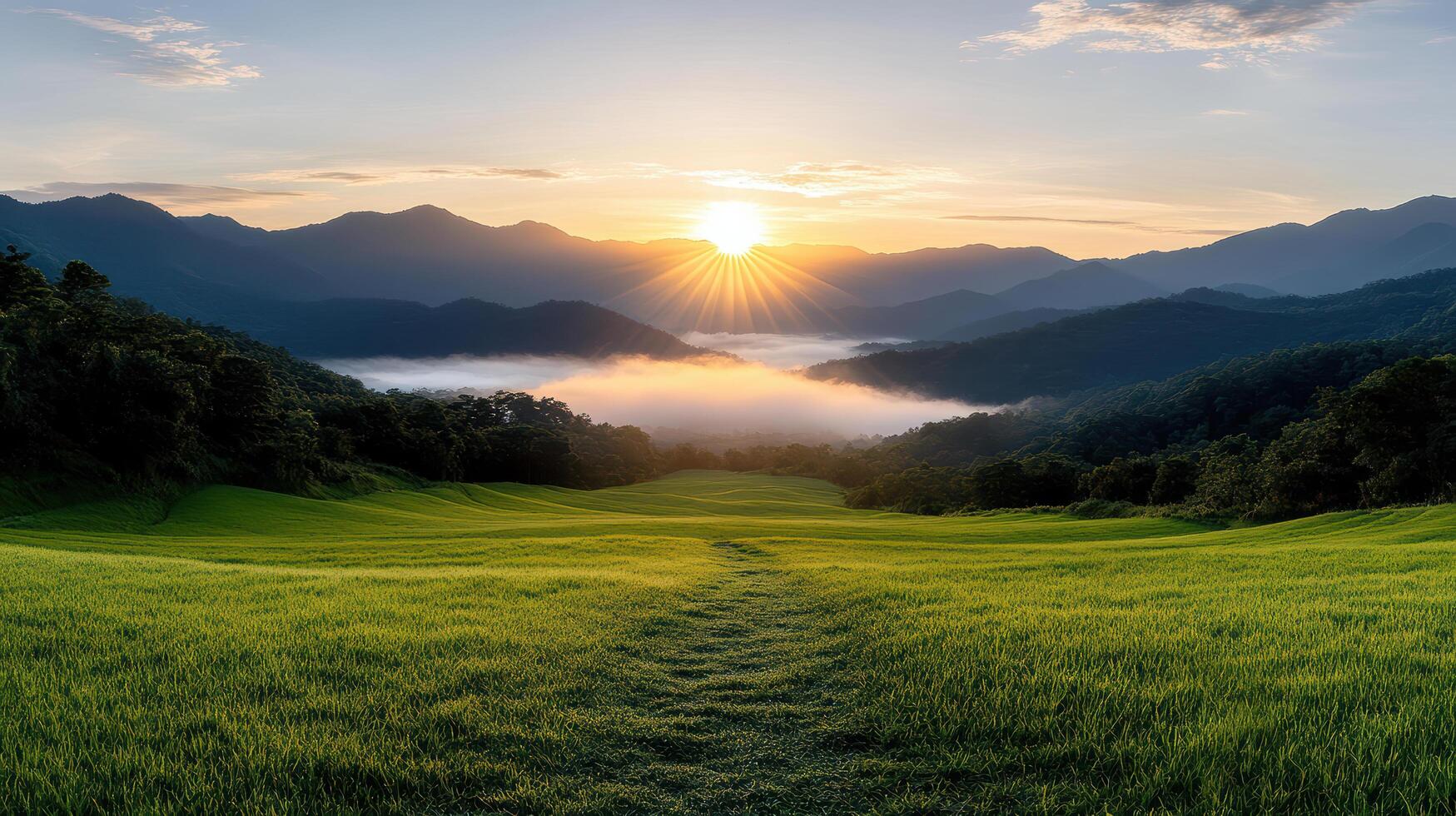 serene sunrise over misty valley with rolling hills and rice paddies photo