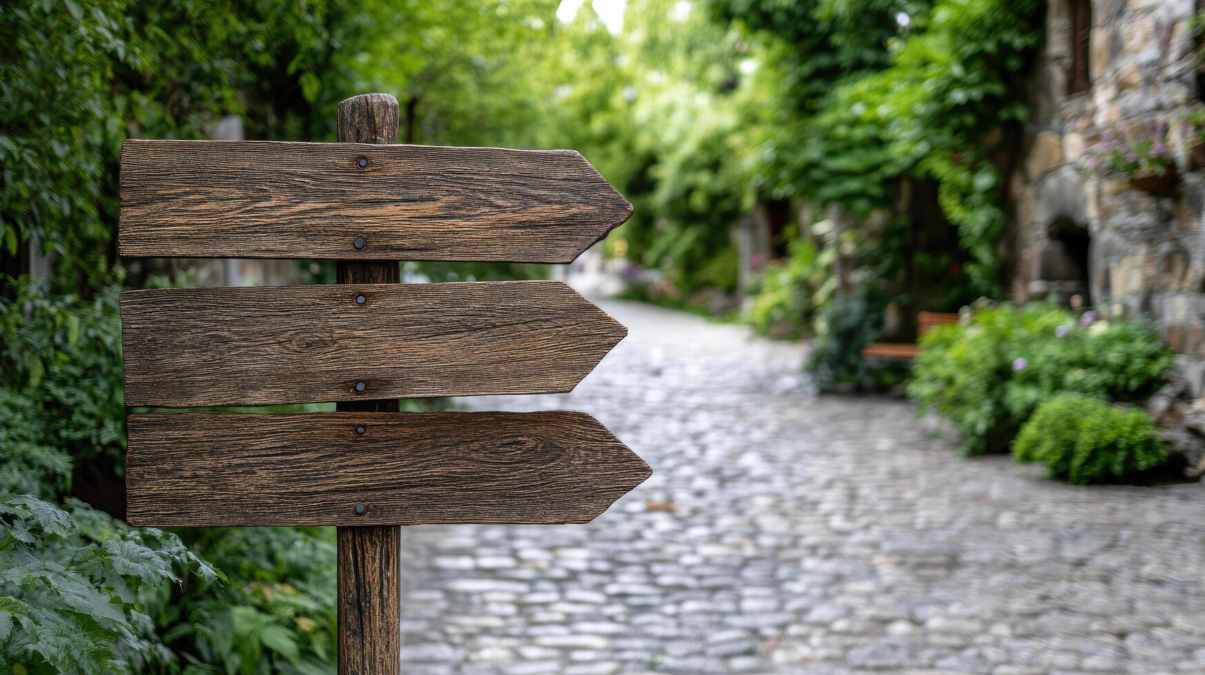 Weathered signpost in European village, guiding visitors along cobblestone path photo