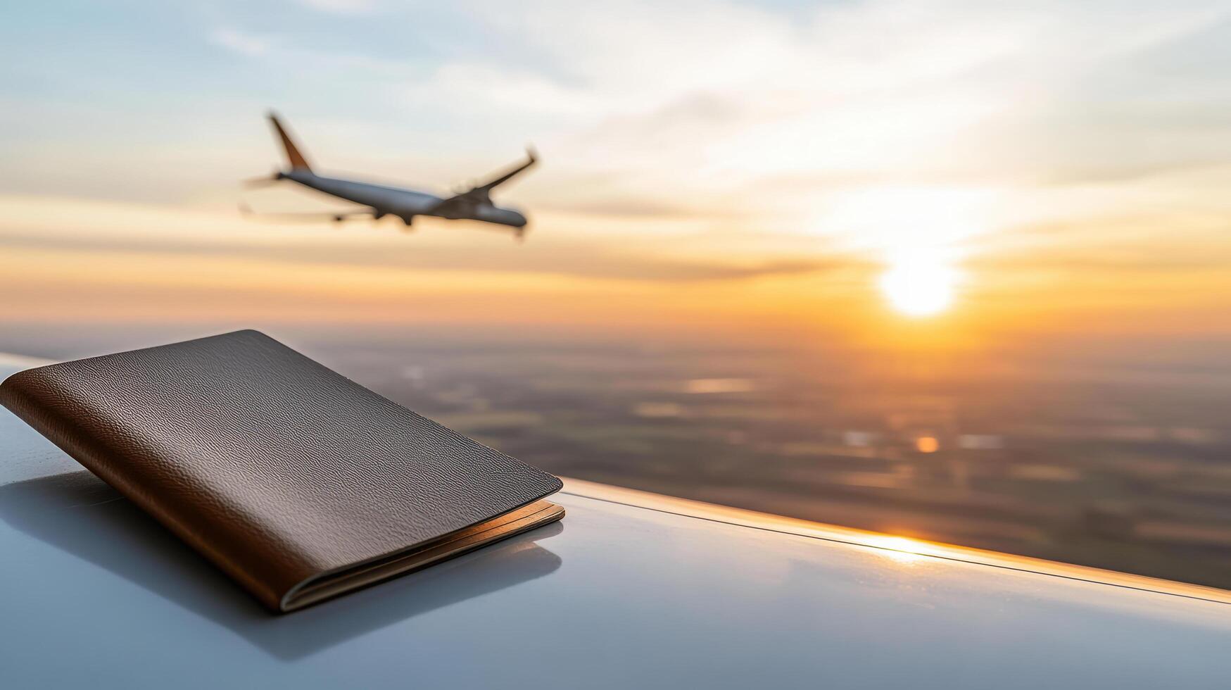 passport rests on plane wing during stunning sunset view photo