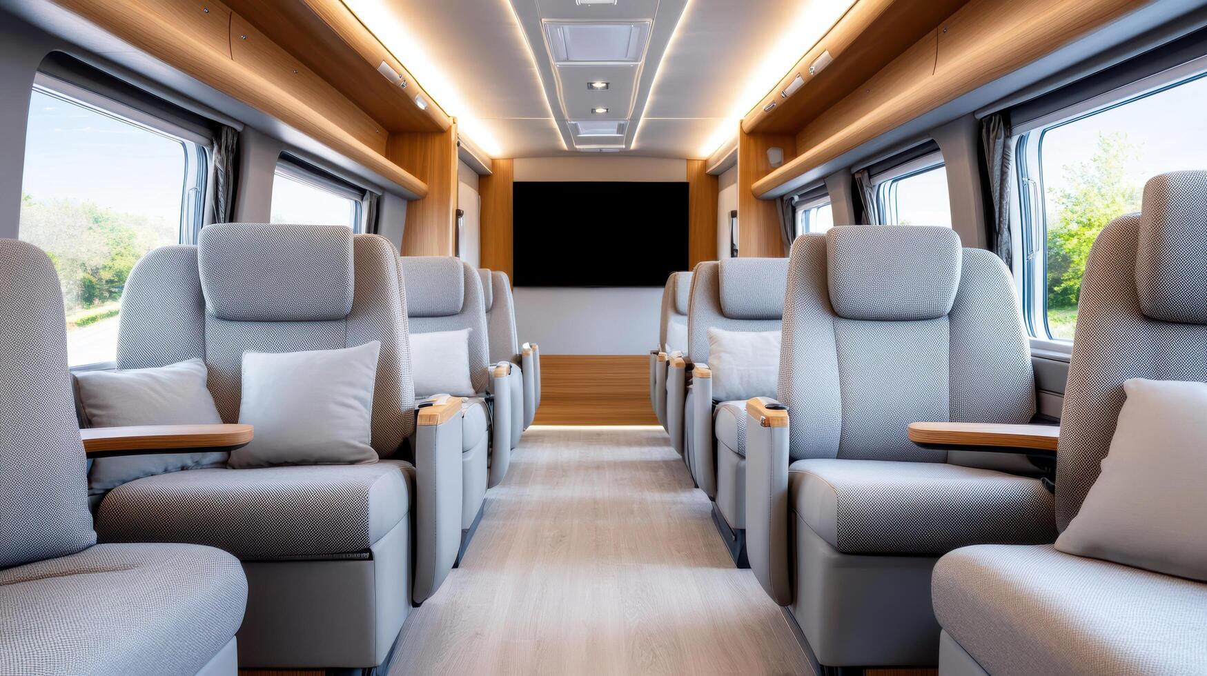 Luxurious airport shuttle bus interior with comfortable seating and modern design photo