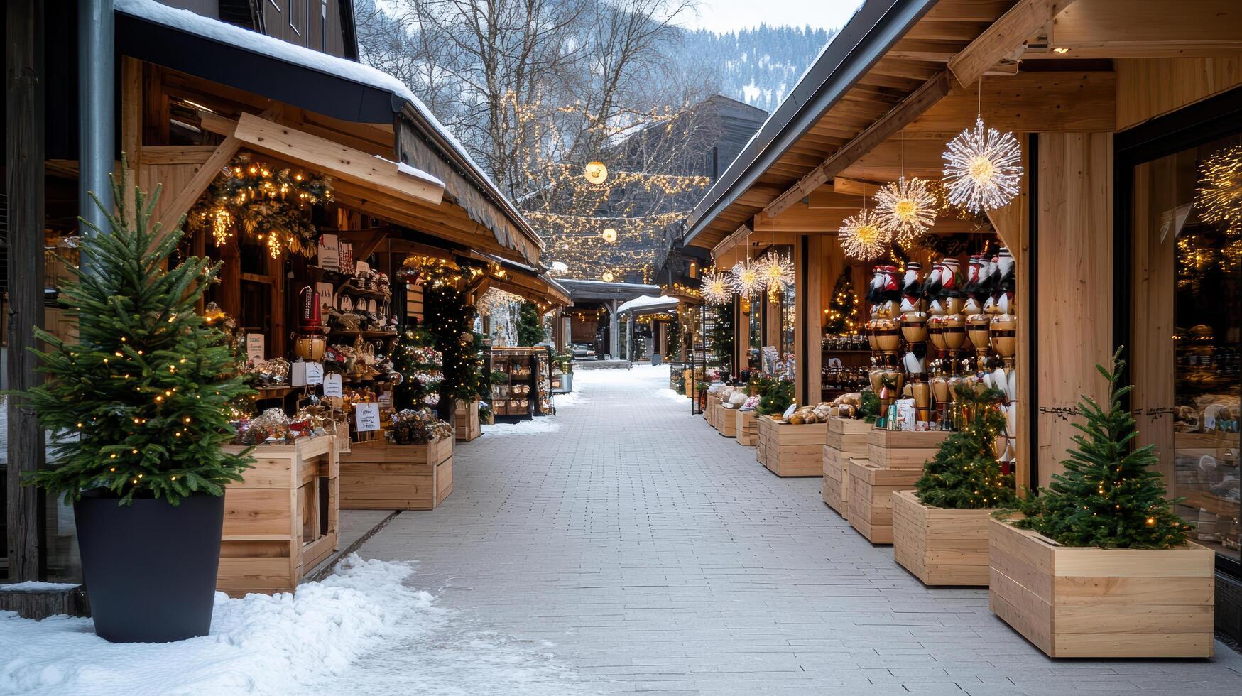 charming holiday themed souvenir shop snowy village, filled with festive decorations and lights photo