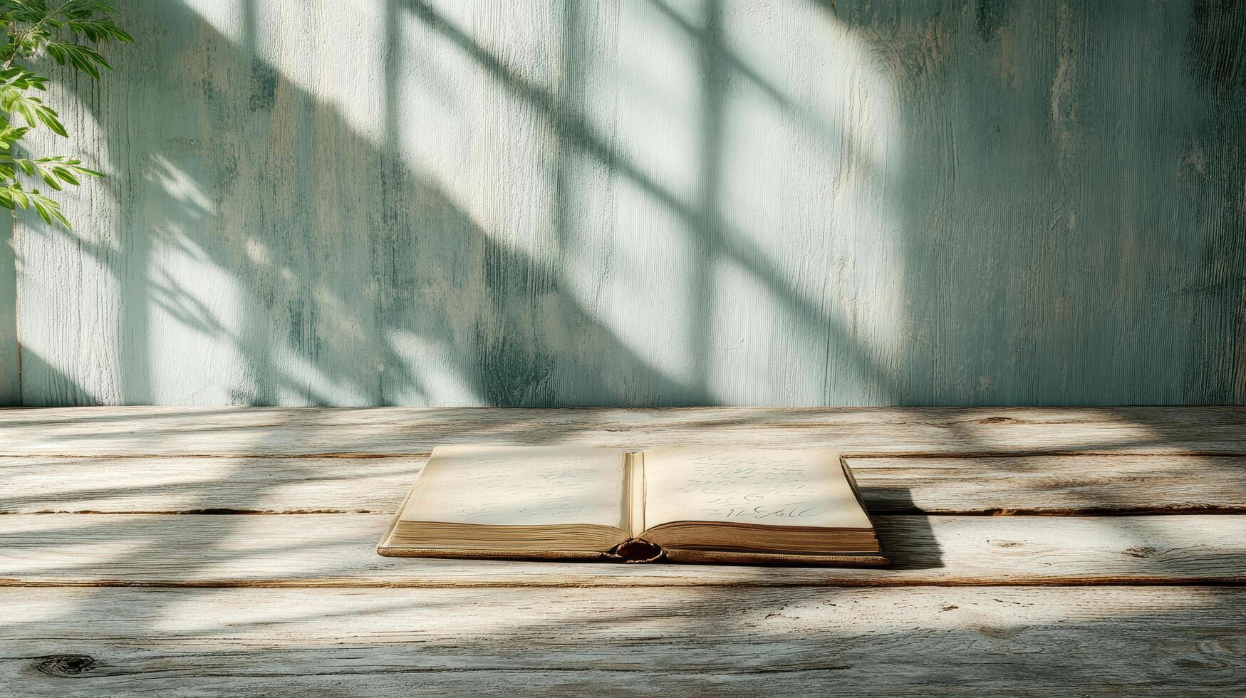 open diary resting on wooden table, illuminated by soft shadows photo