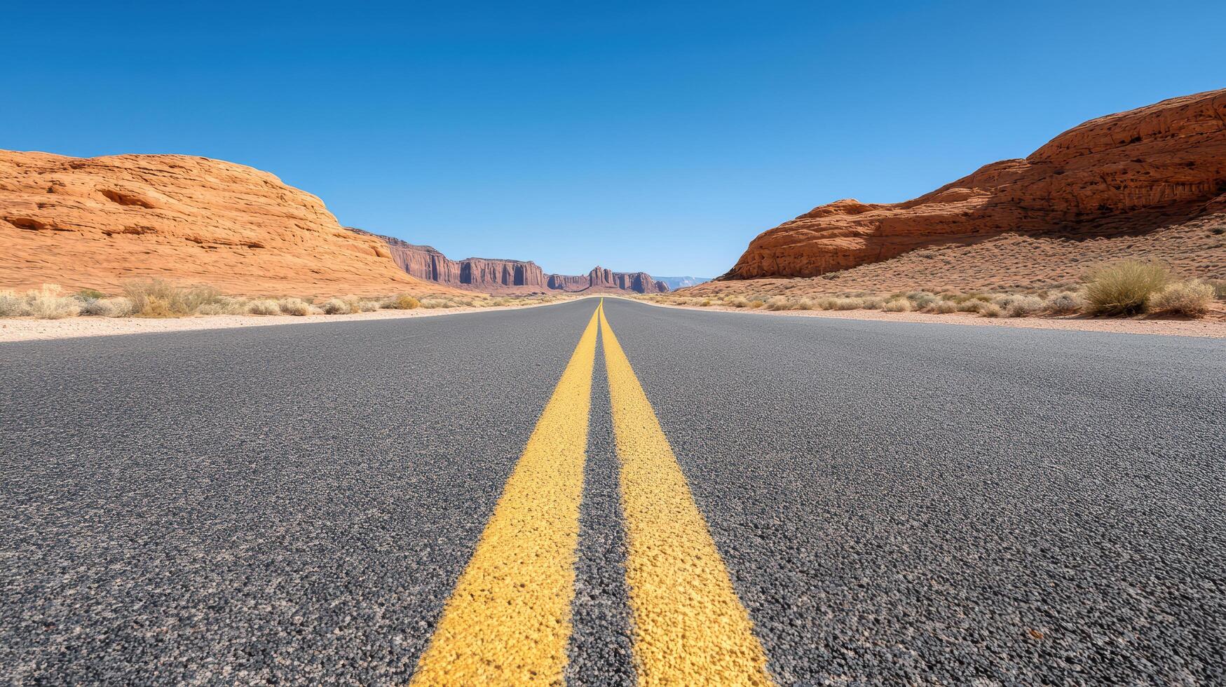 quiet open desert road with faded yellow lines leading to distant mountains photo