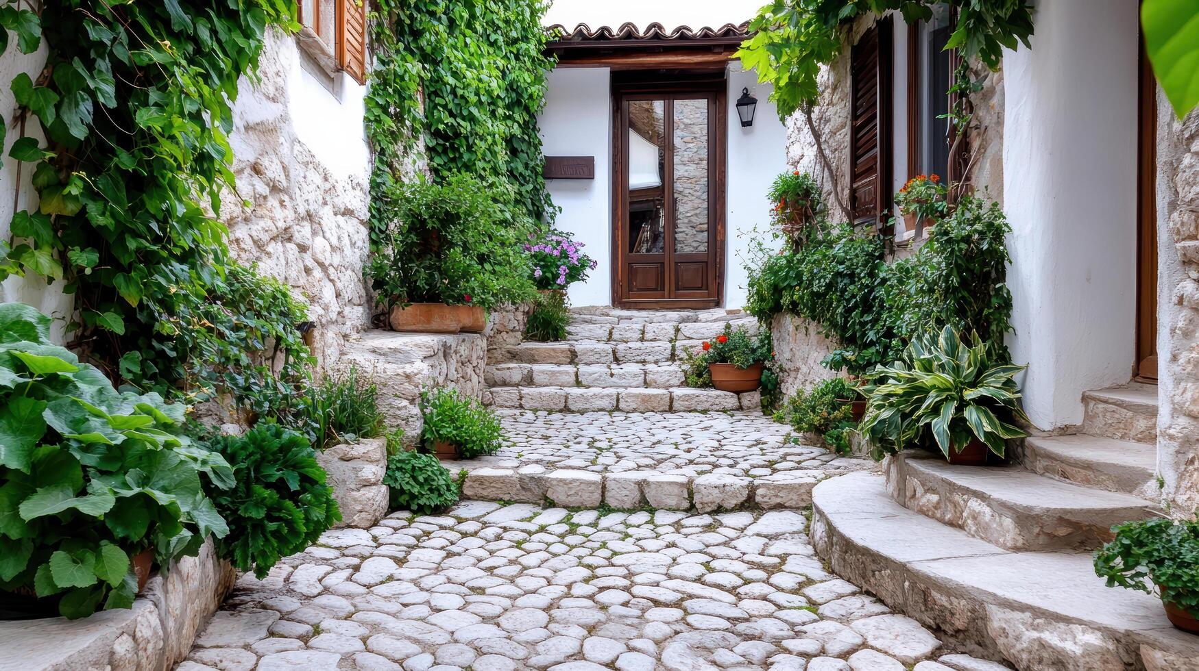 charming cobblestone street lined with lush greenery and flowers photo