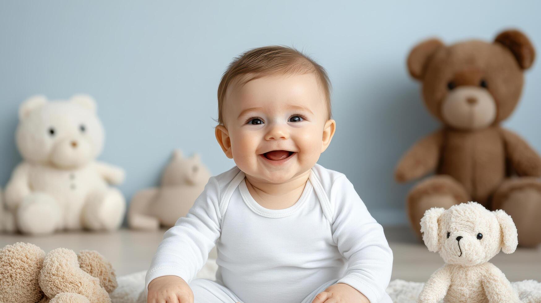 Baby smiling joyfully surrounded by soft toys on light blue background photo