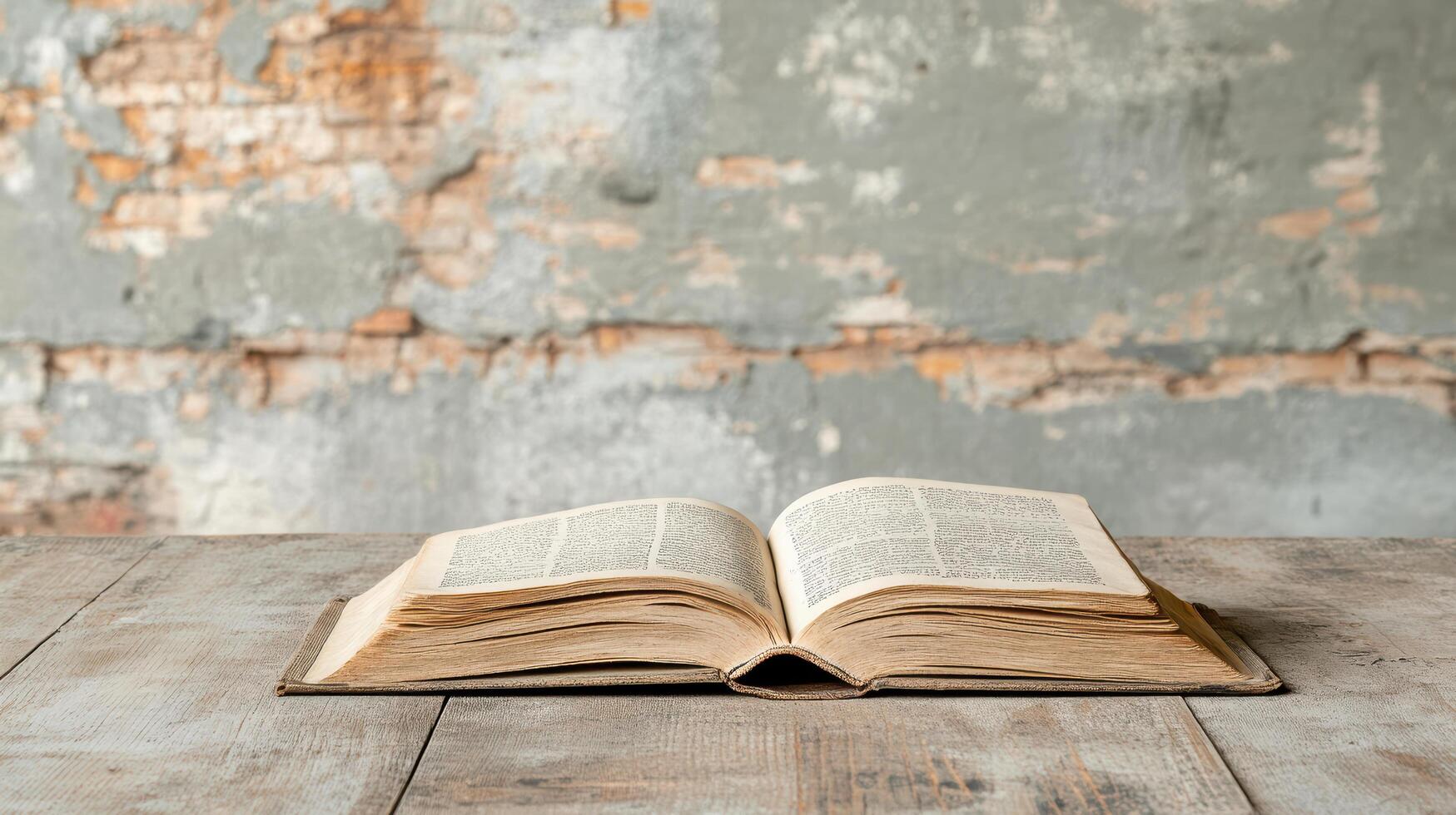 open book resting on rustic wooden table against weathered wall photo
