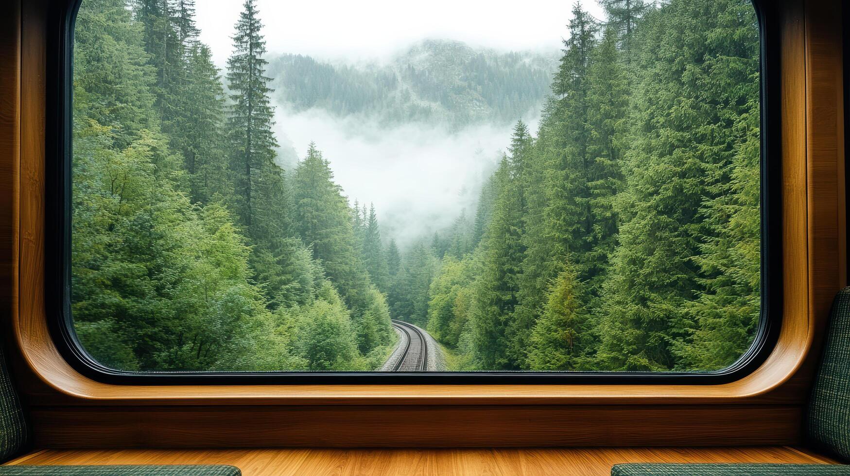 foggy forest view through train window, showcasing tall pine trees and lush greenery photo