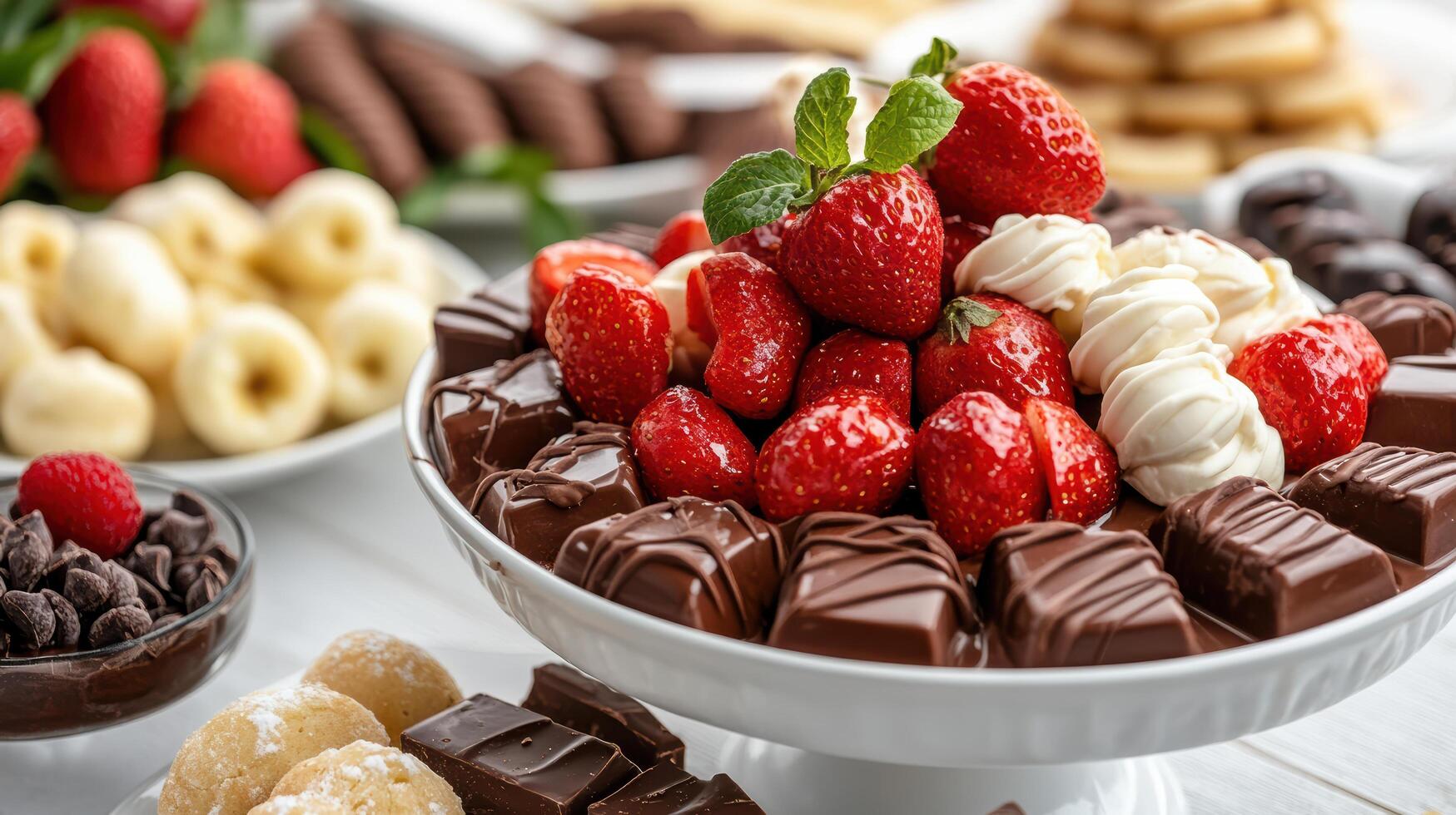 Delicious chocolate fountain with fresh strawberries and assorted treats photo