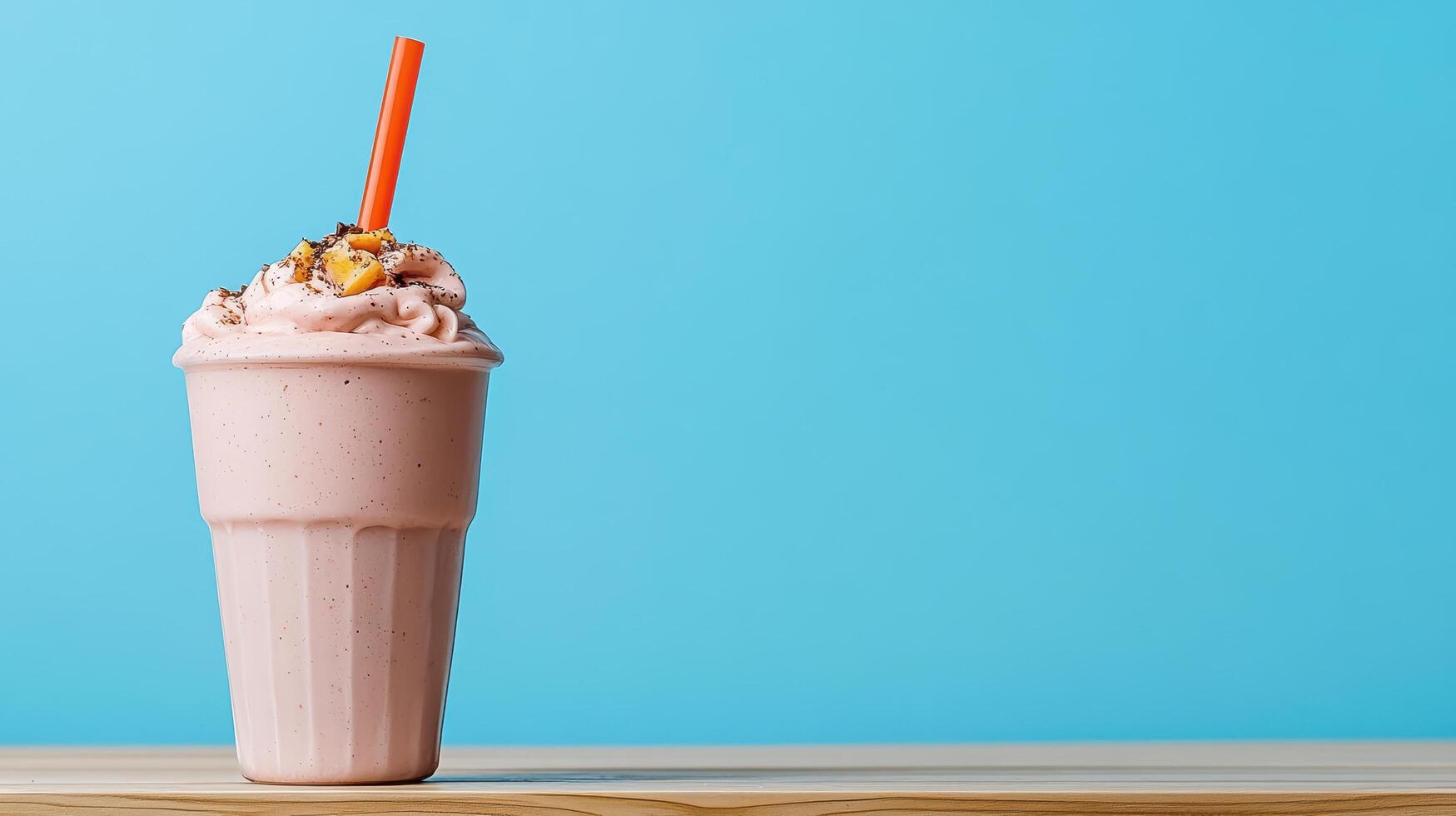 Creamy fruit smoothie topped with whipped cream and straw photo