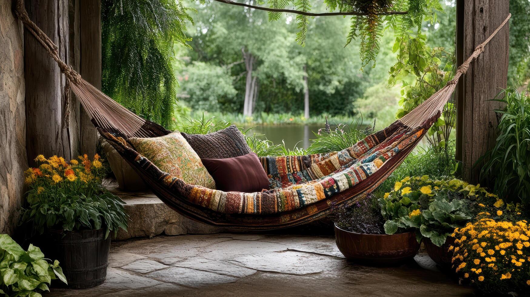cozy garden hammock draped with colorful quilt, surrounded by vibrant flowers photo