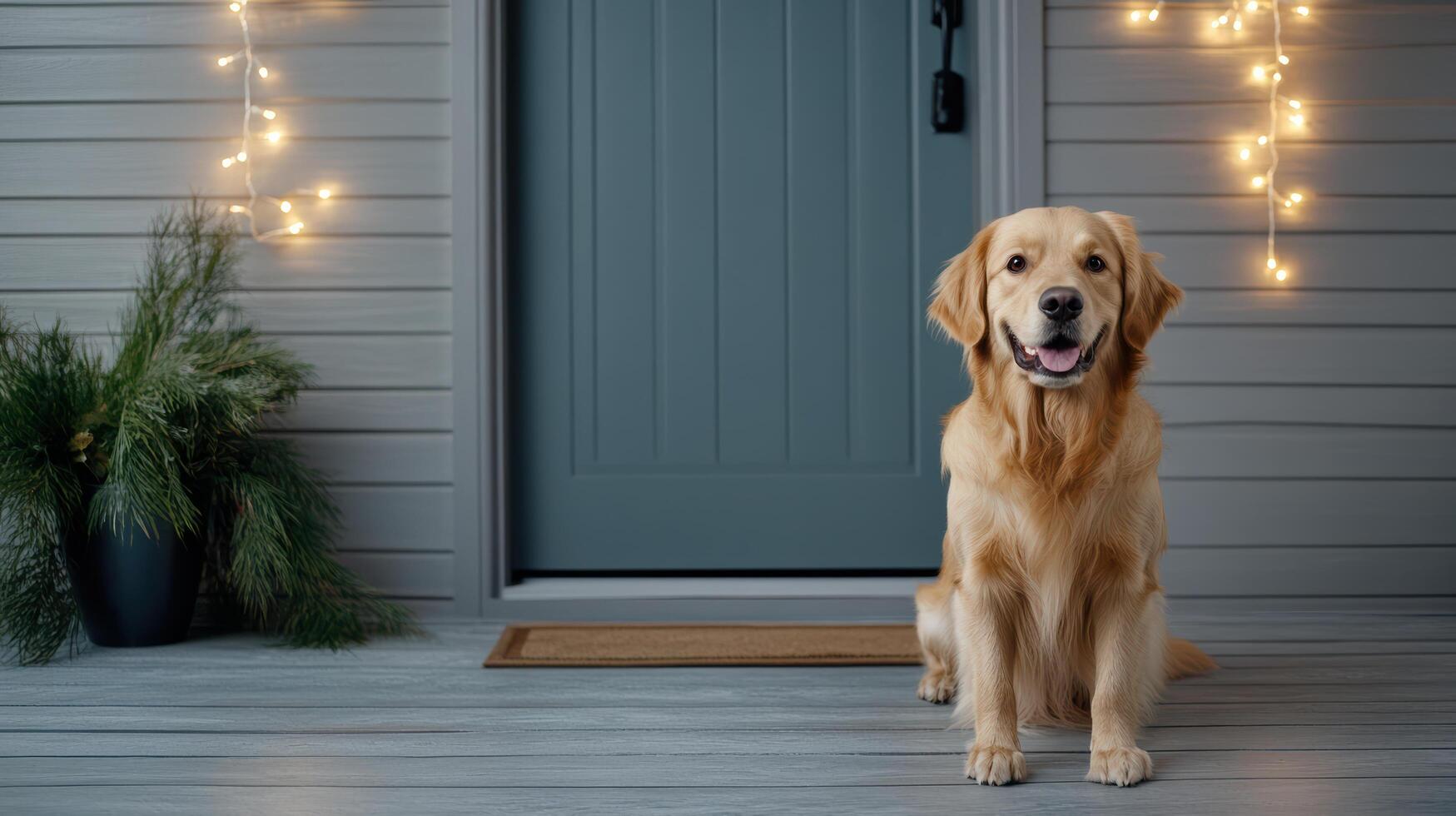 cheerful dog sits in cozy nighttime setting by door, surrounded by lights photo