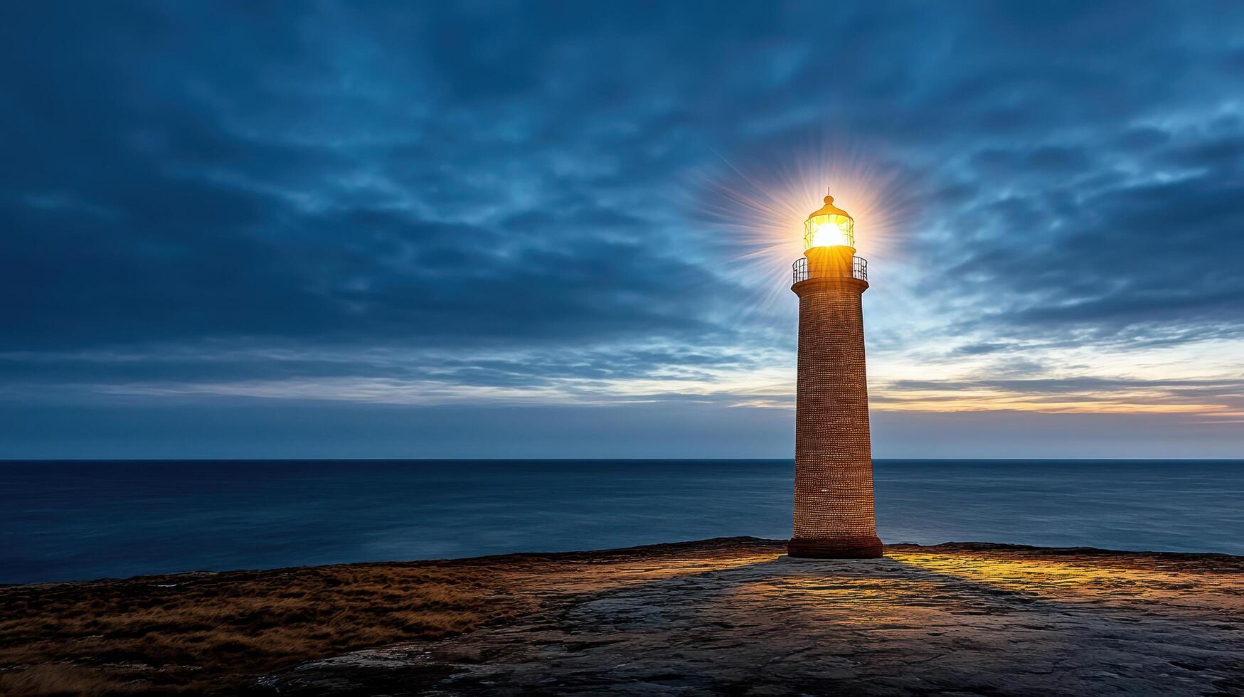 lighthouse stands tall on misty coastline, illuminating darkening sky photo