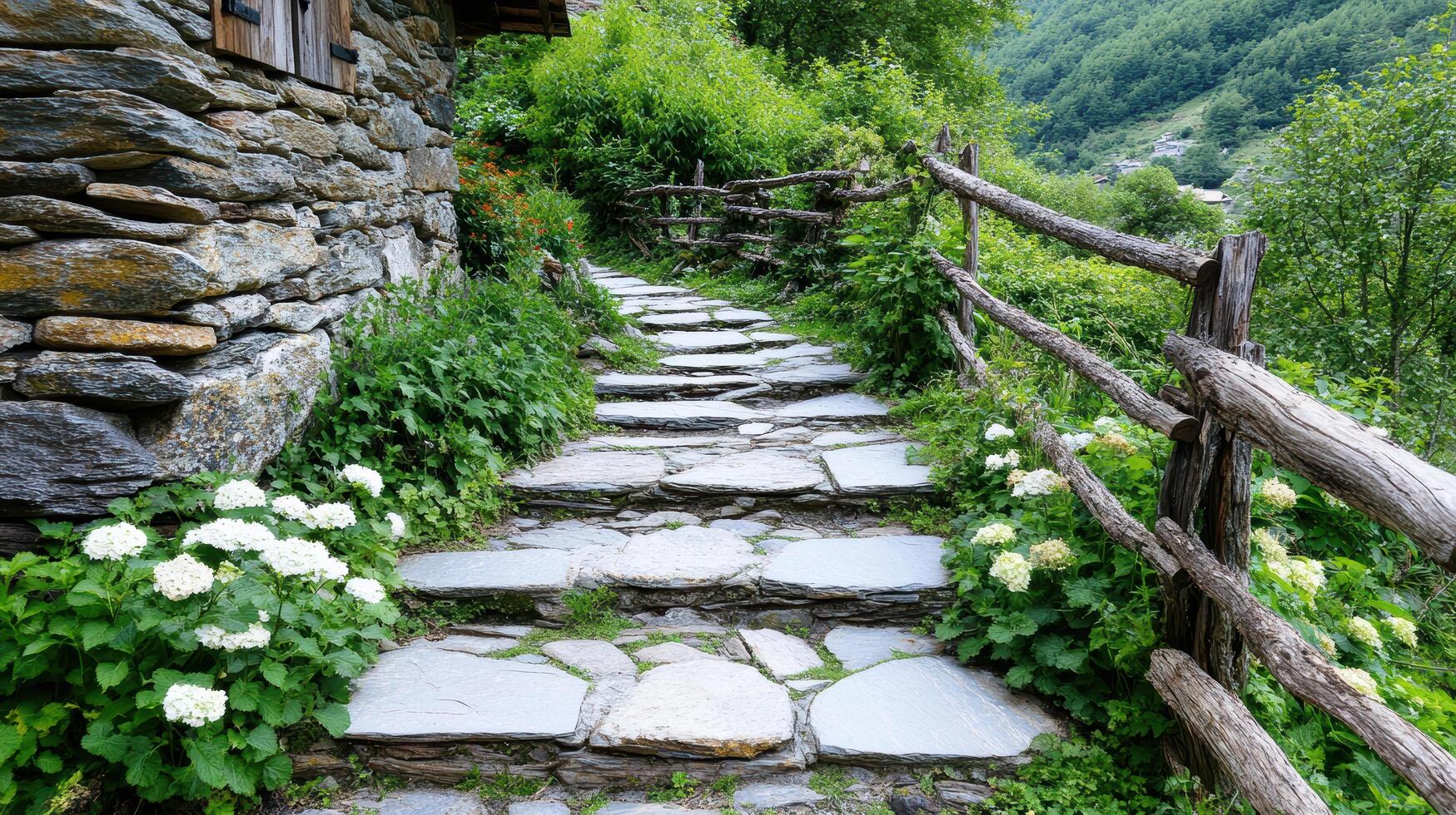 narrow stone path winding through lush greenery leads to rustic home photo