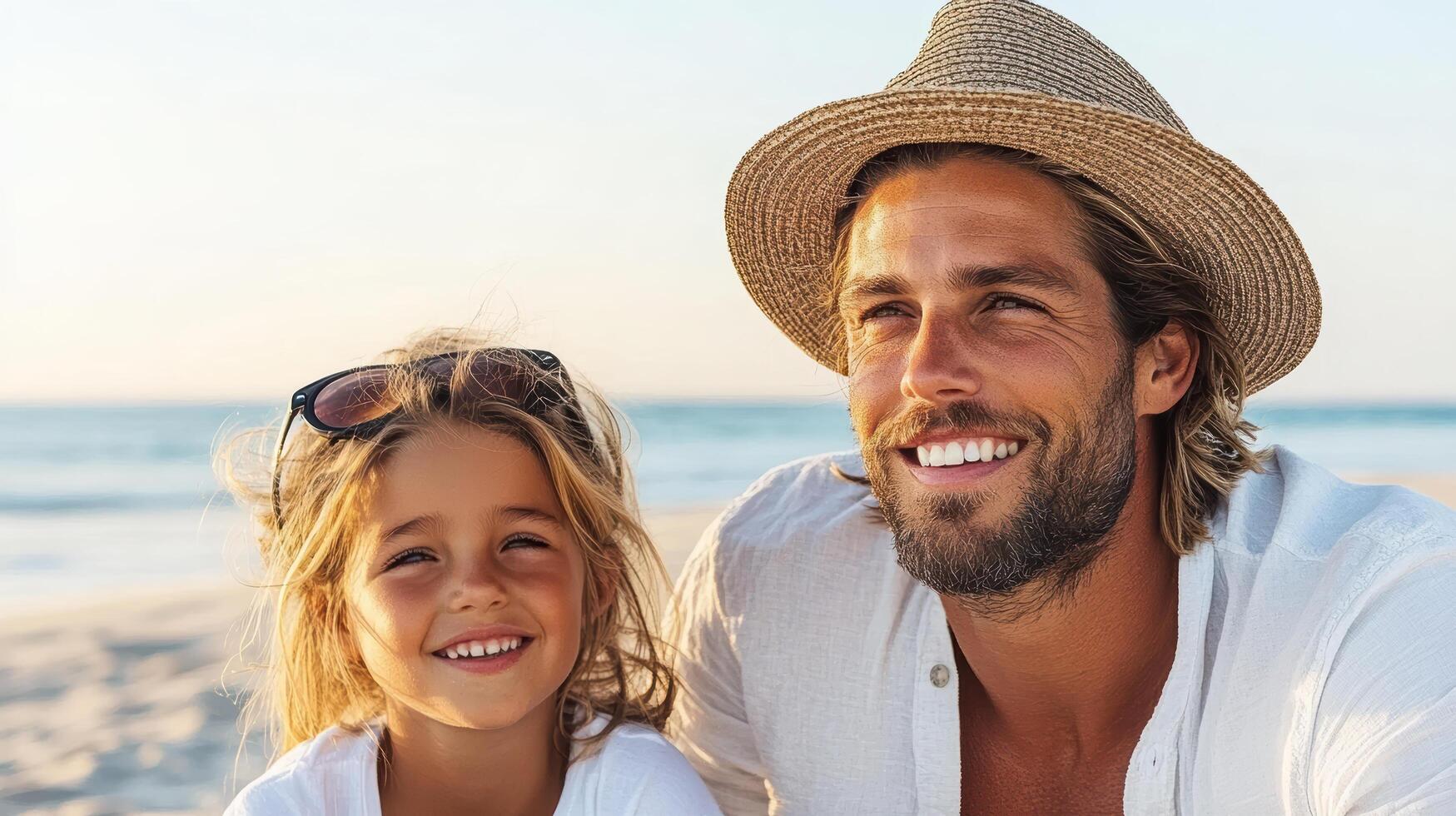 Happy man and girl enjoying sunny beach day with smiles and laughter photo