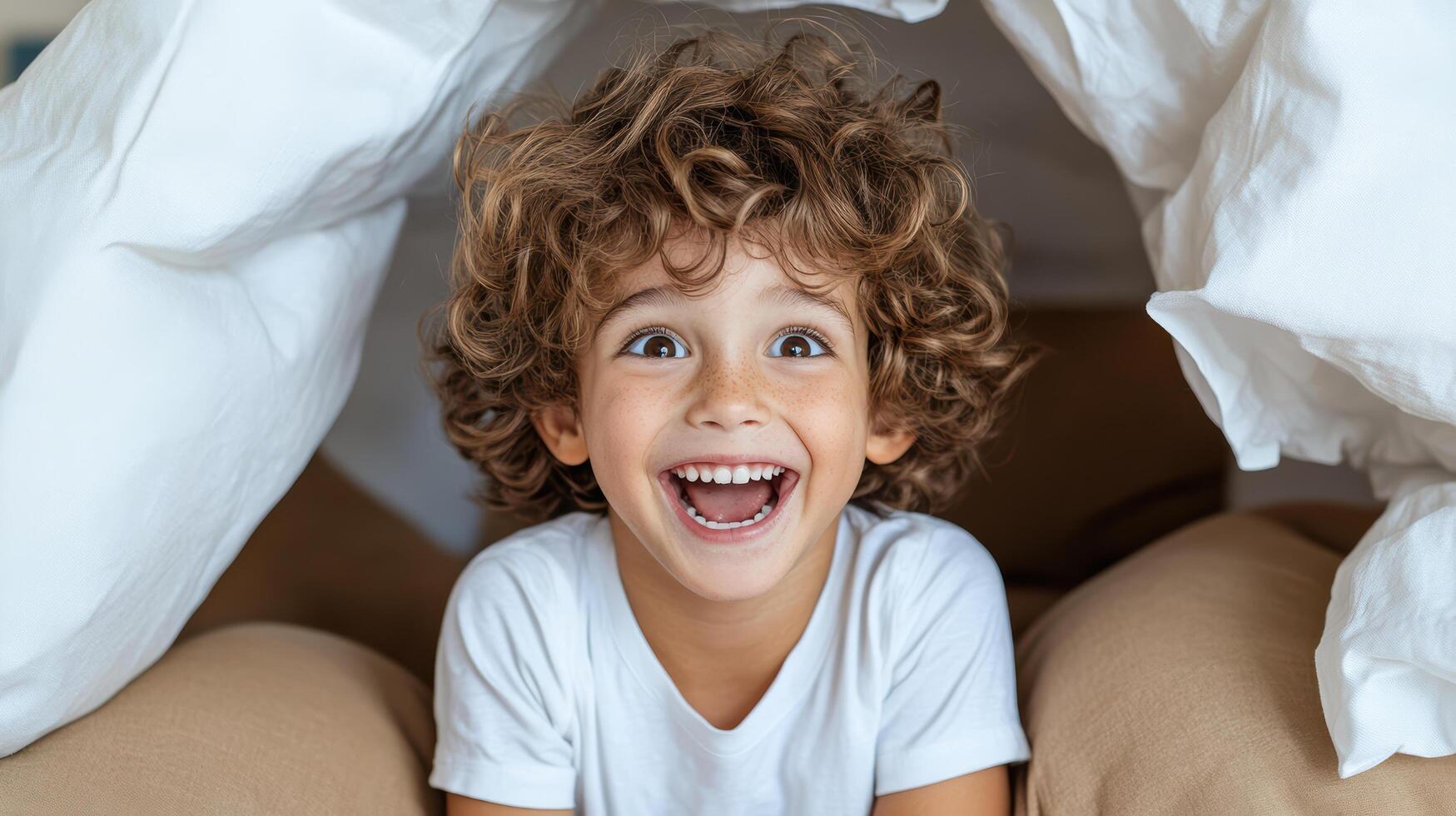 joyful child with curly hair smiling widely under cozy blanket fort photo