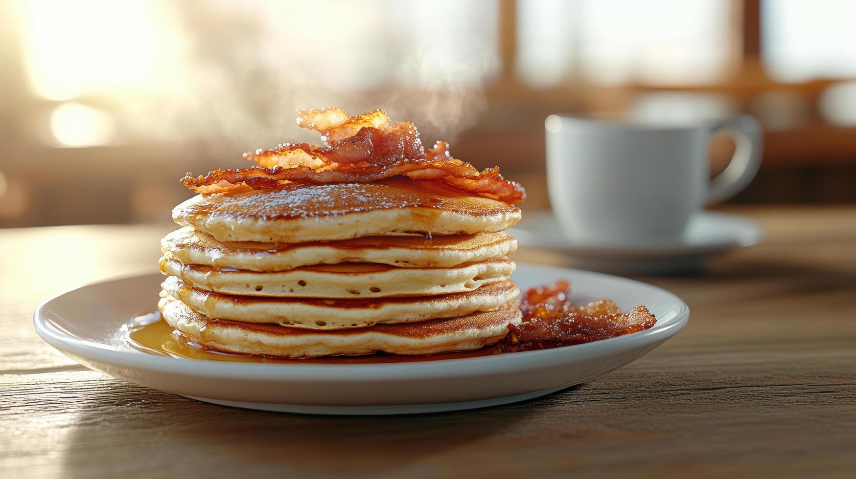 Fluffy pancakes stacked high with crispy bacon and syrup, perfect for breakfast photo