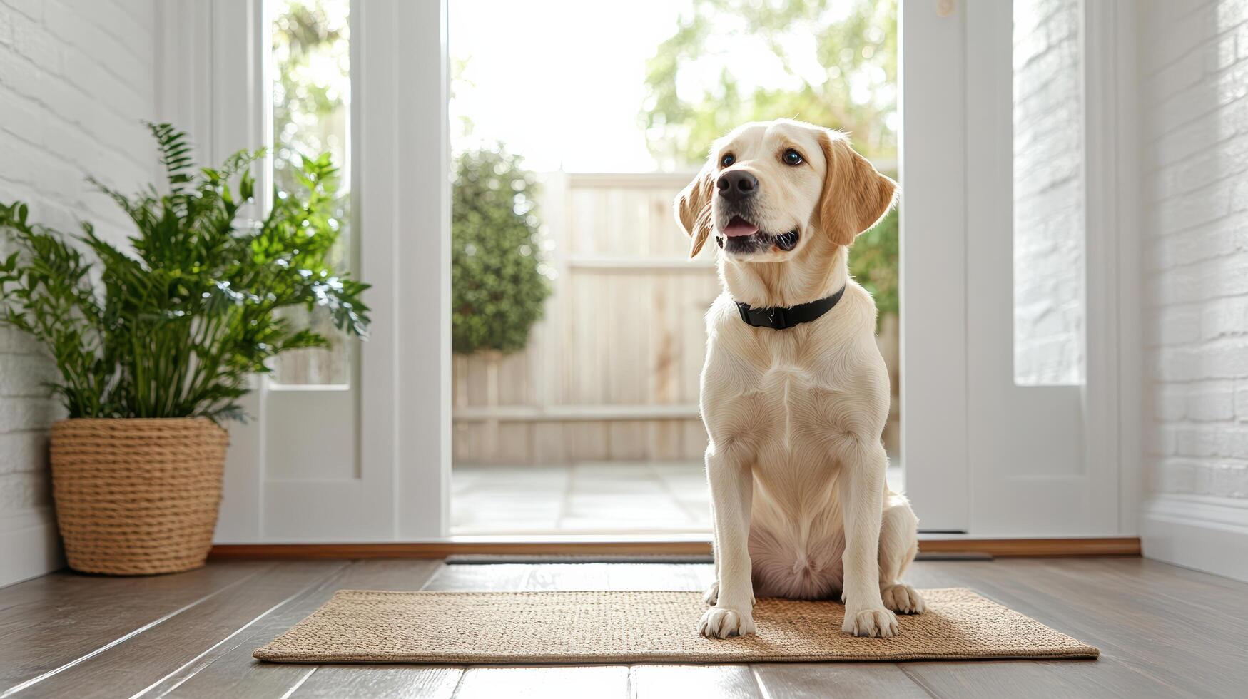 loyal dog sitting on mat, waiting by door with hopeful expression photo
