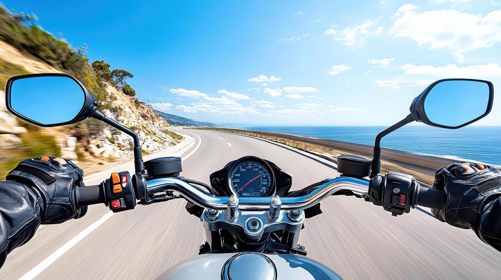 first person perspective of motorcyclist gripping handlebars on scenic road photo