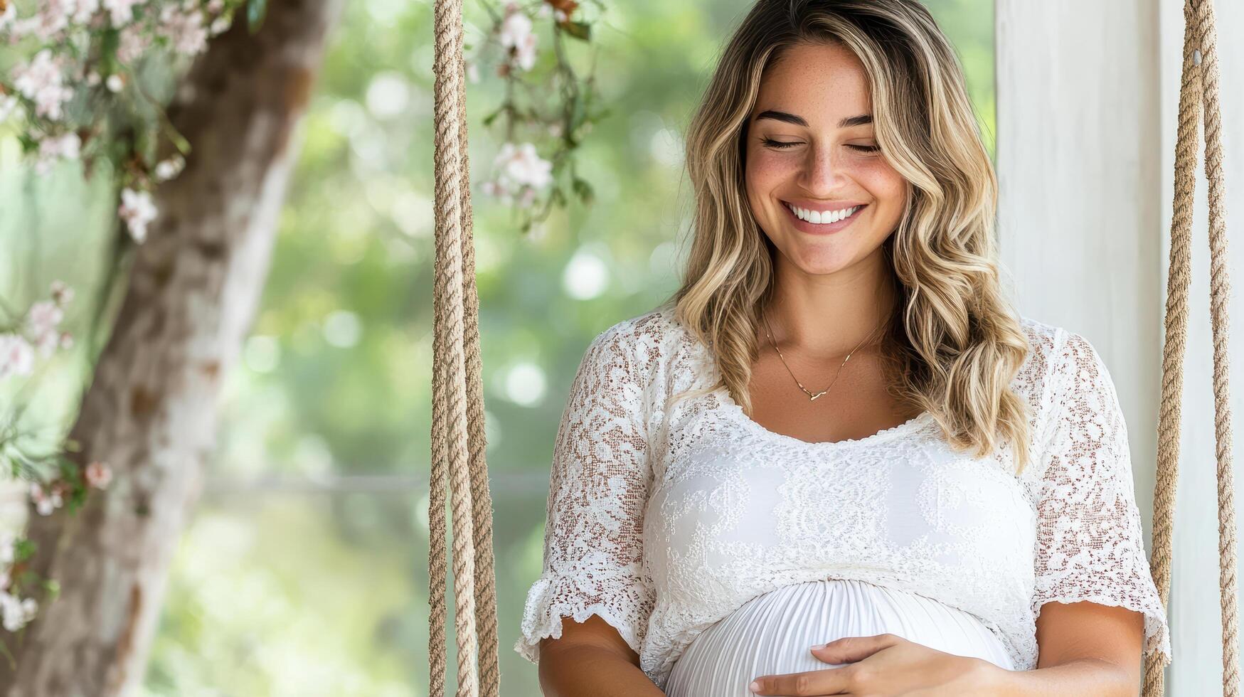 joyful pregnant woman sitting on swing, smiling and enjoying nature photo