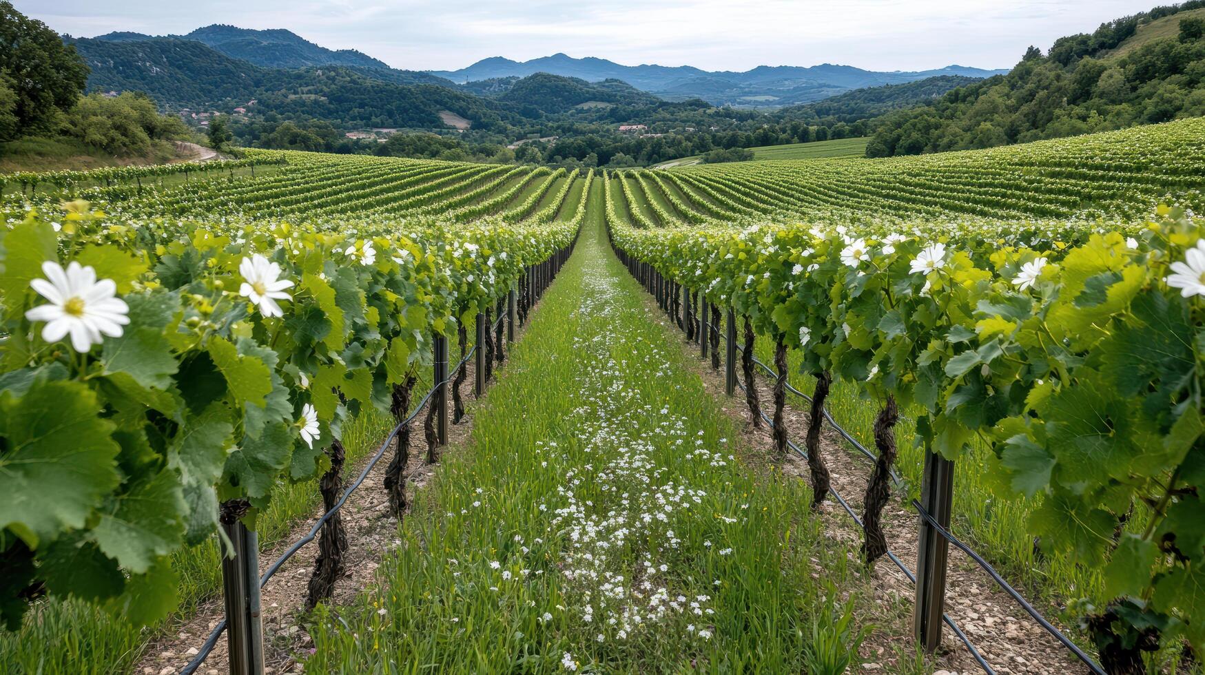 Lush vineyard rows in spring with blooming flowers and mountains photo
