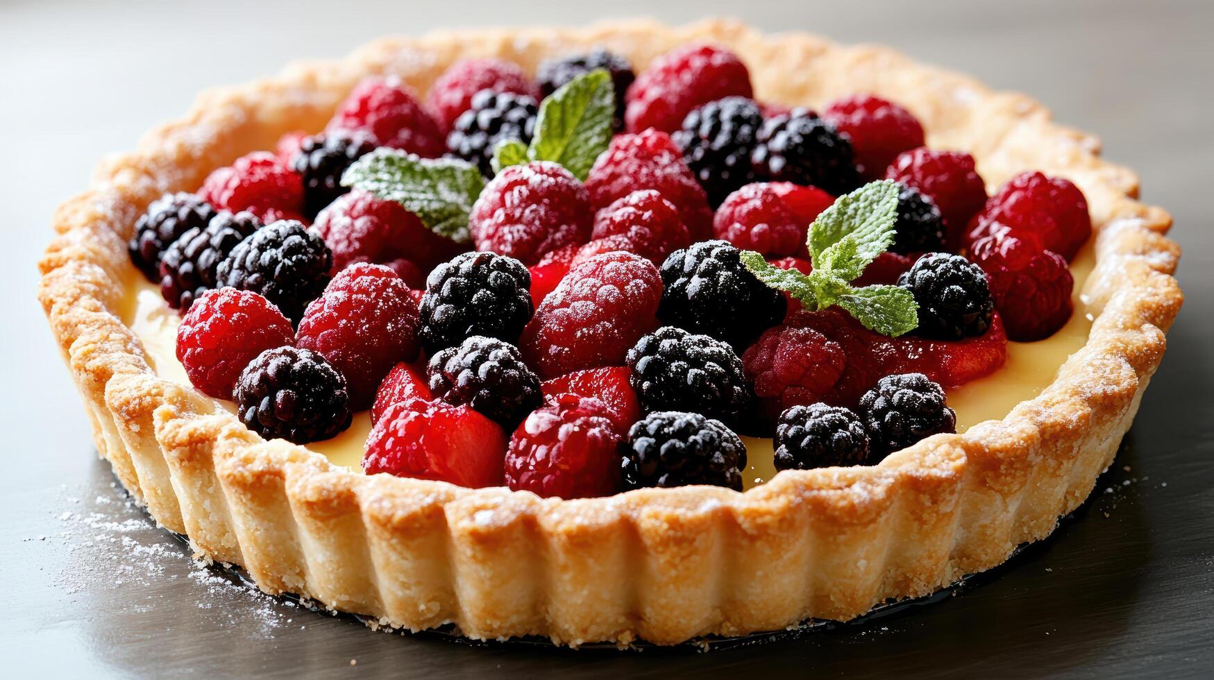 delicious fruit tart topped with fresh berries and mint leaves photo