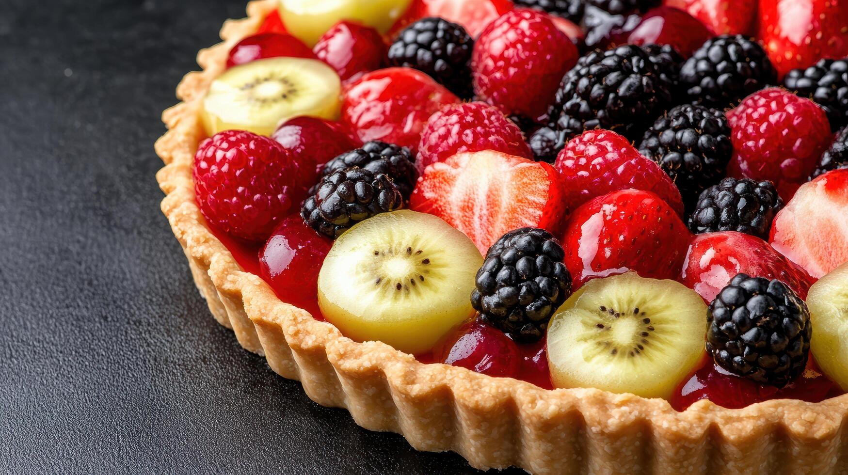 beautifully arranged fruit tart with vibrant berries and glossy finish photo