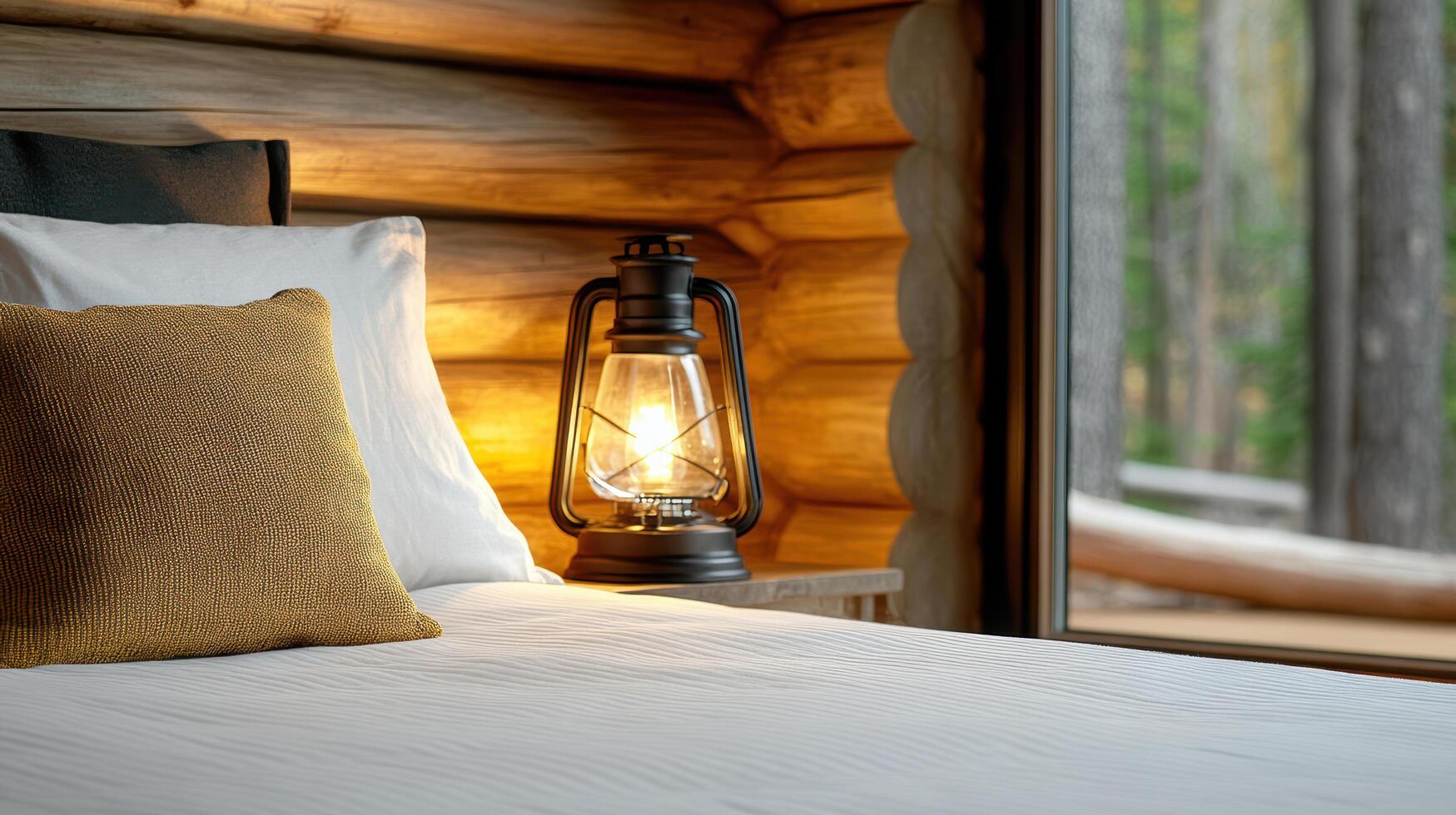 cozy bedroom featuring old fashioned lantern beside bed, creating warm atmosphere photo