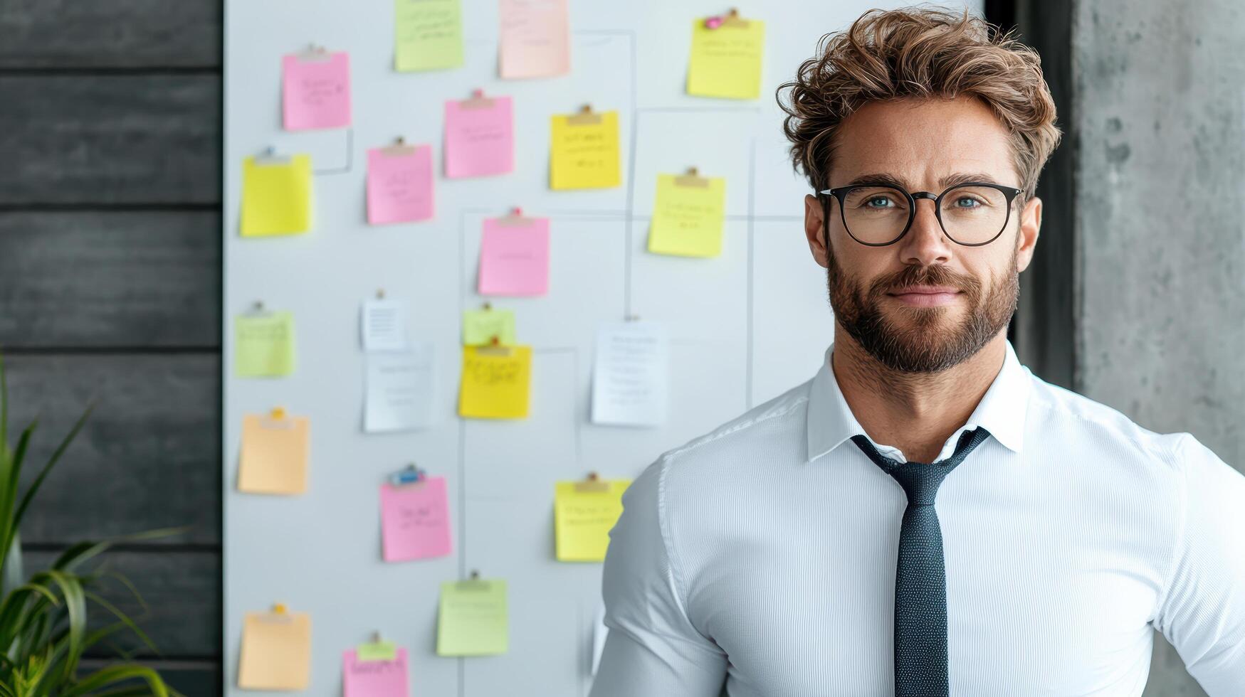 confident manager stands in front of colorful project board filled with notes photo