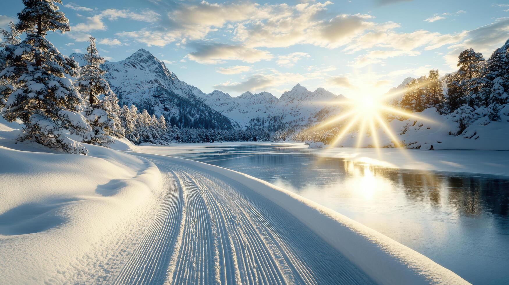 serene winter landscape with snow covered mountains and shining sun photo